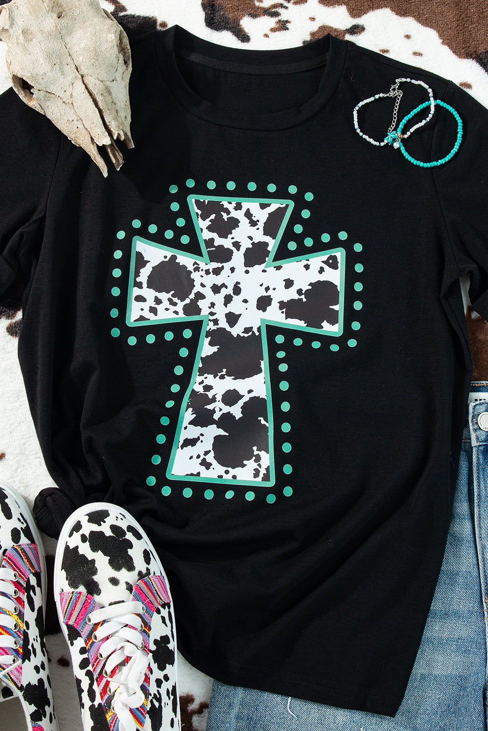 Black Animal Cross Graphic Round Neck Tee