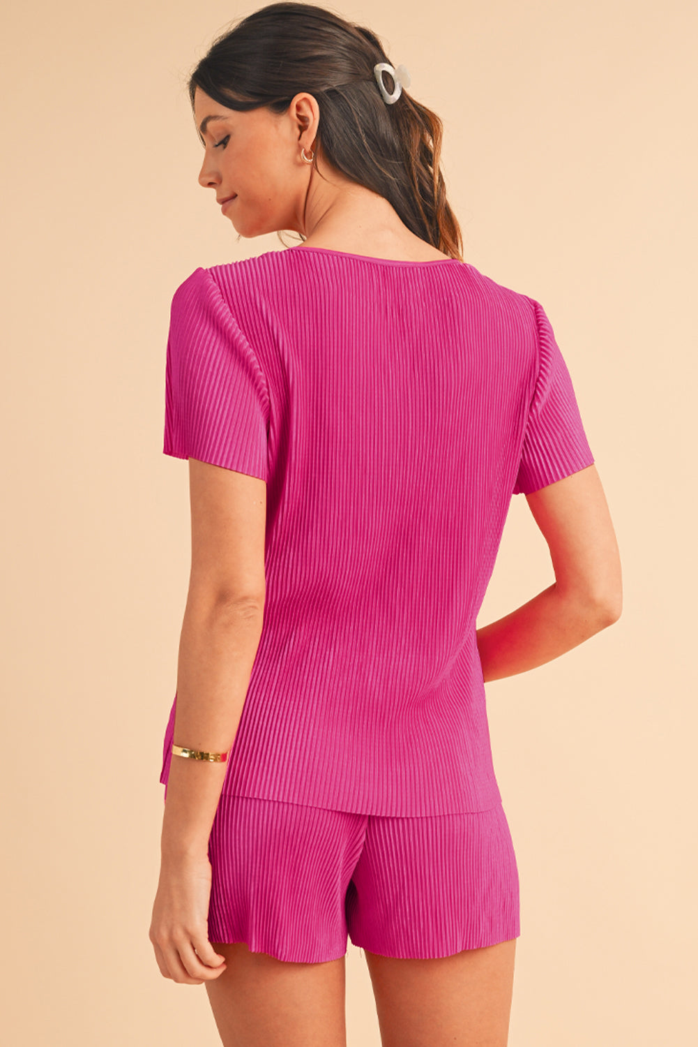 Bright Pink Ribbed Pleated Tee and Pocketed Shorts Set