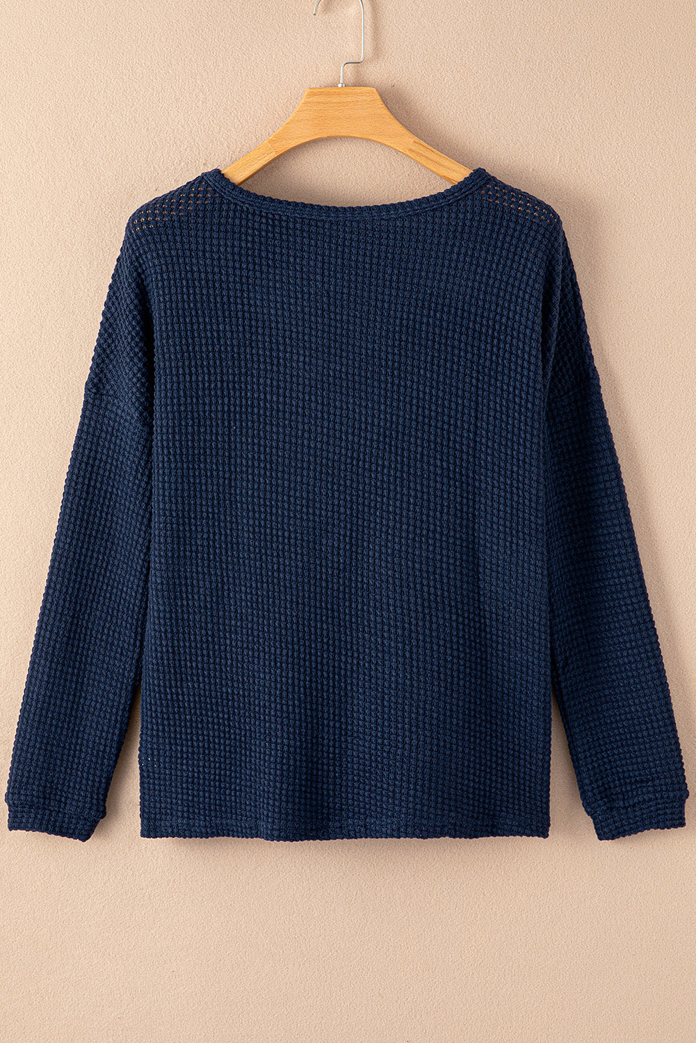 Navy Blue Waffle Knit Drop Shoulder Long Sleeve Top