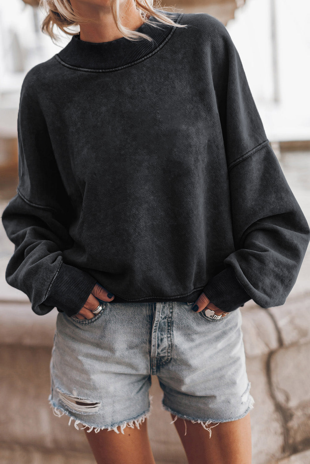 Blue Plain Drop Shoulder Crew Neck Pullover Sweatshirt