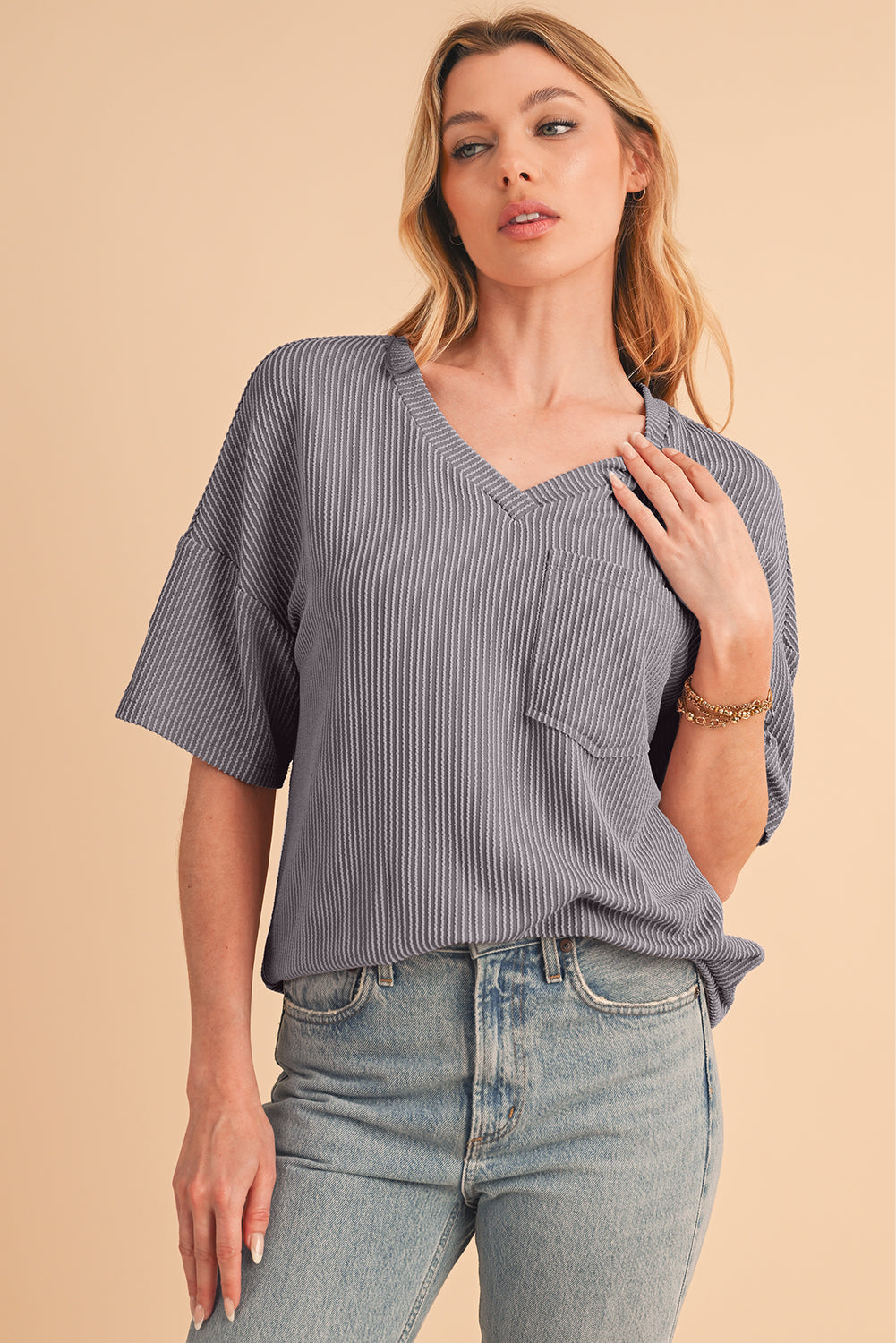 Light Grey Ribbed V Neck Pocket Drop Sleeve T-Shirt