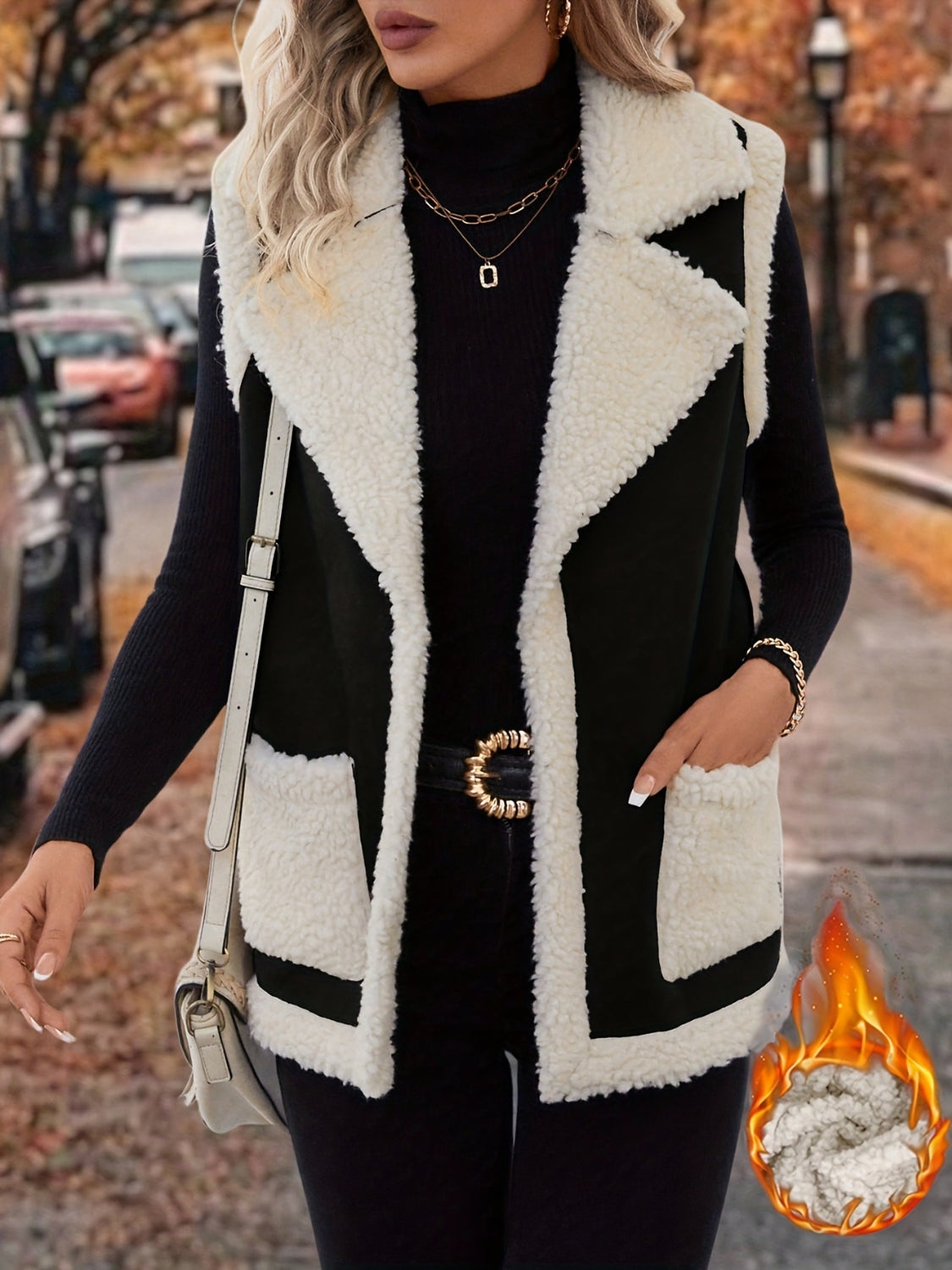 Full Size Contrast Open Front Sherpa Vest Coat