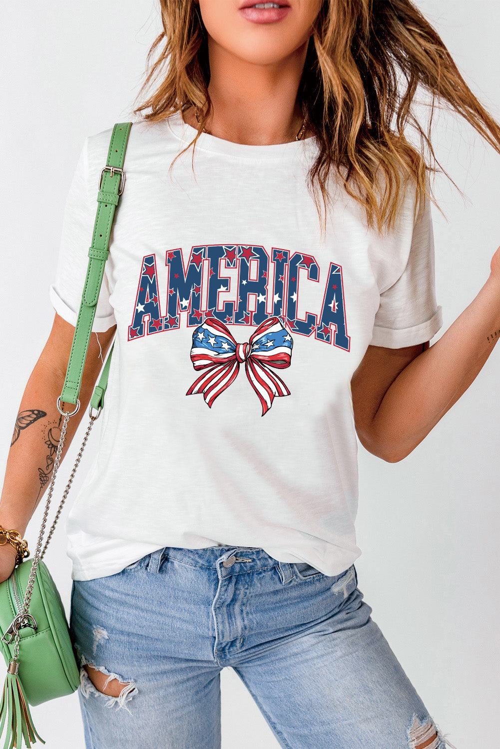 White AMERICA Flag Bow Knot Graphic Round Neck Tee