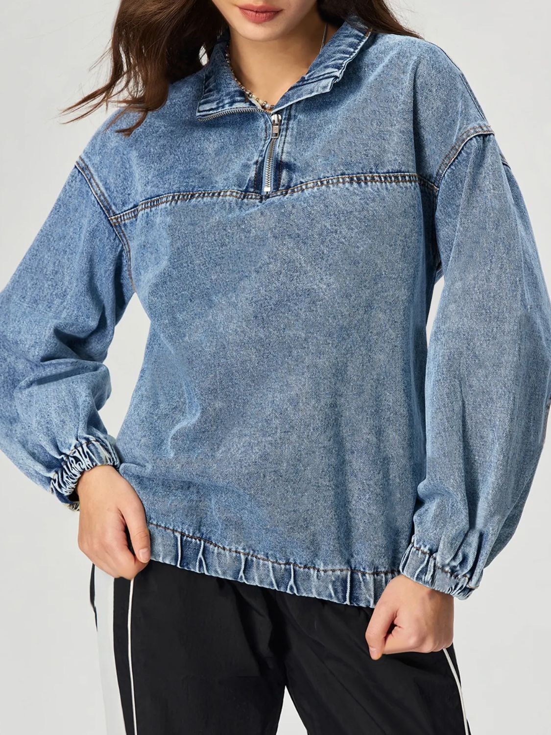 Quarter Zip Collared Neck Denim Top