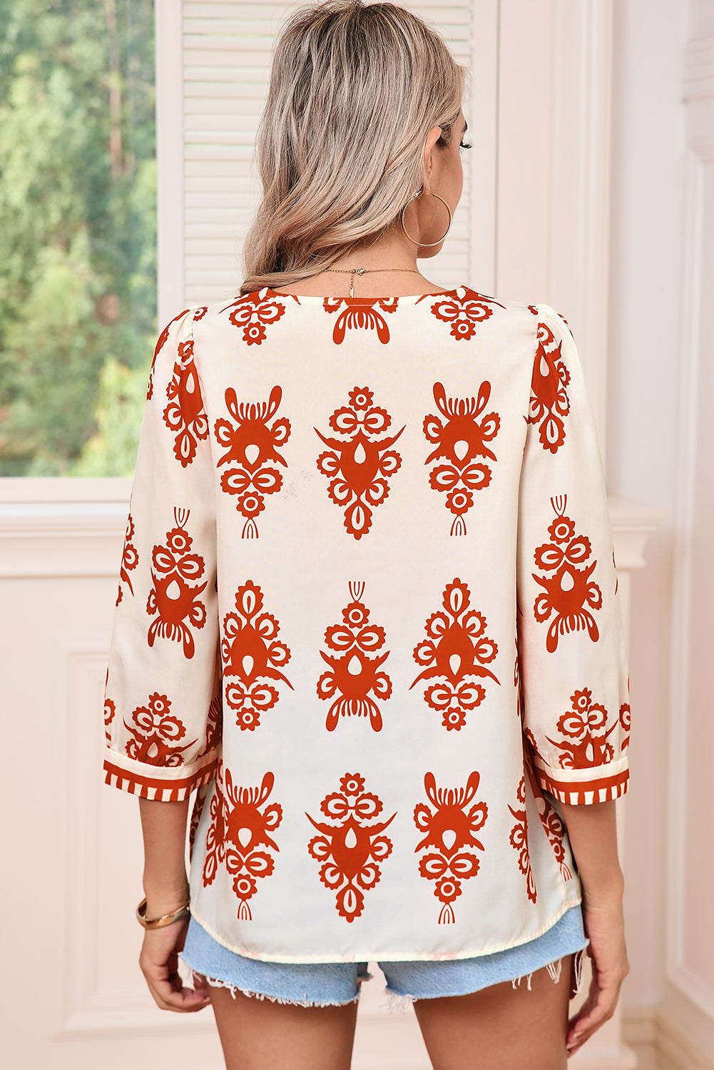 Beige Ethnic Abstract Print Puff Sleeve V Neck Blouse