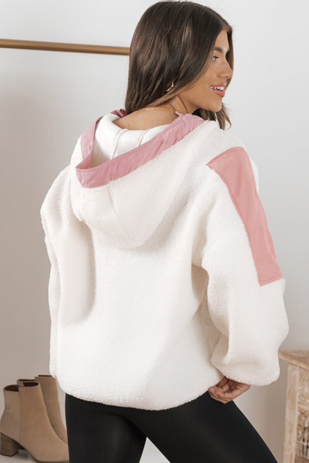 Pink Patchwork Half Zip Oversized Sherpa Hoodie