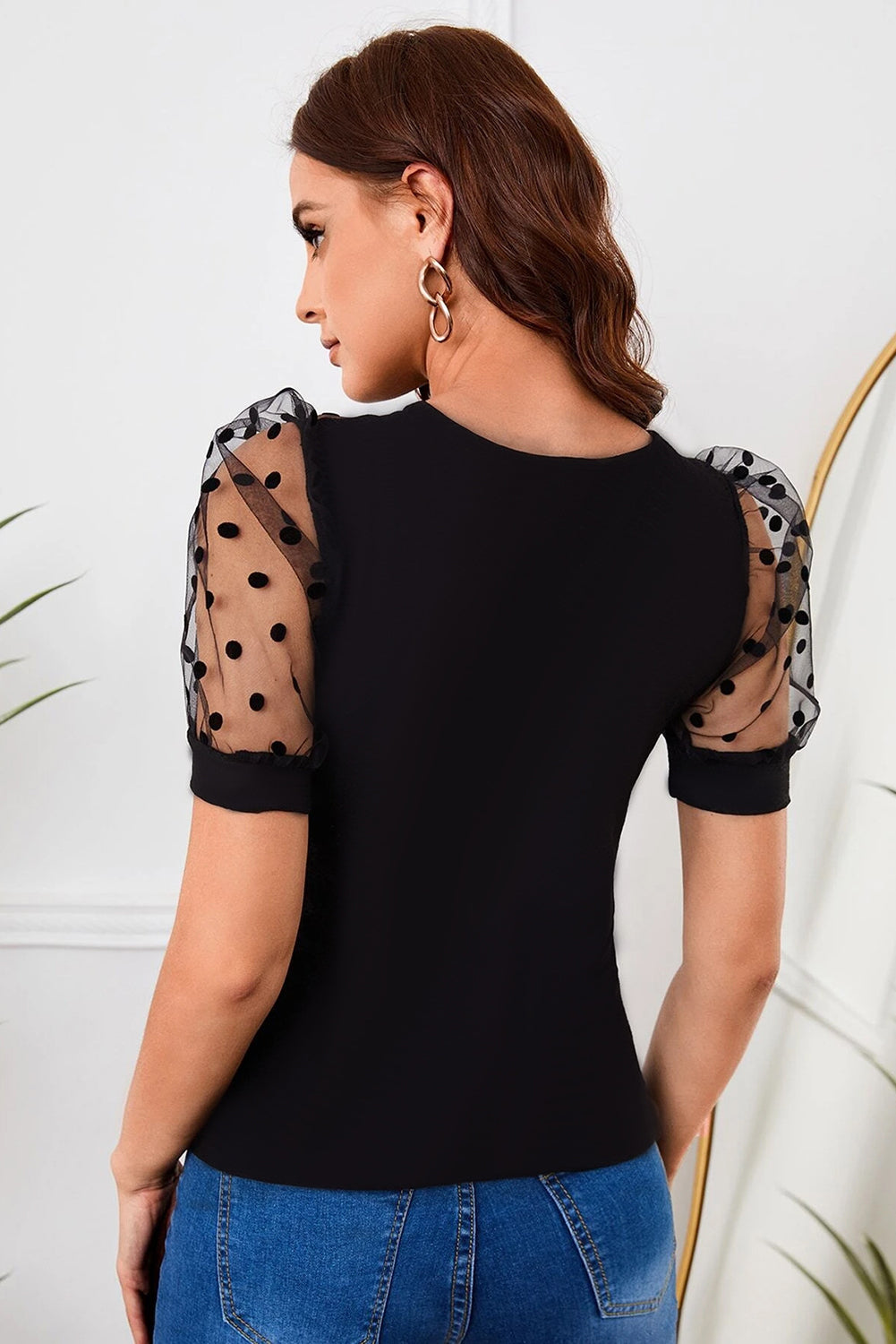 Black Mesh Polka Dot Puff Sleeve Blouse