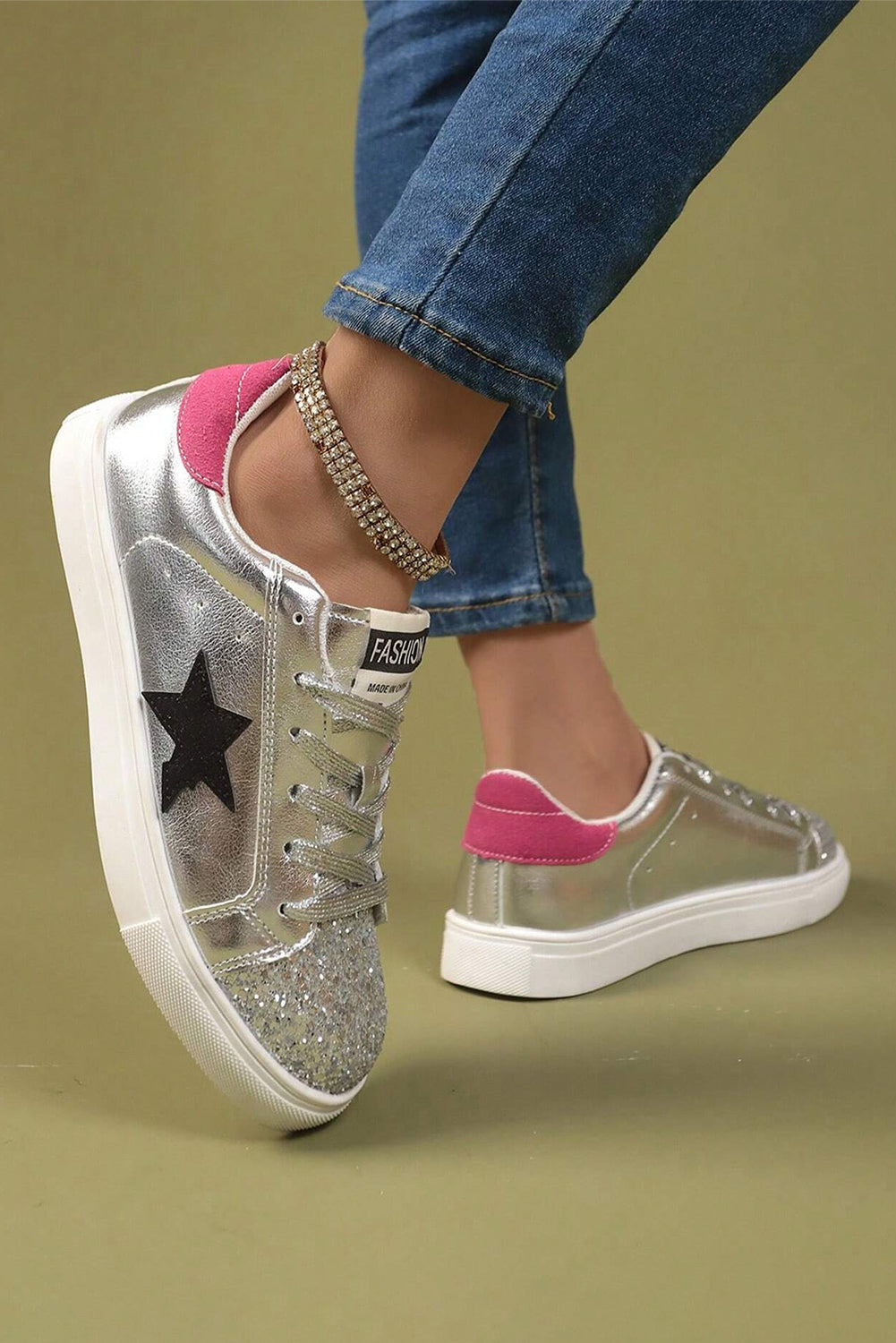 Silvery Metallic Luster Star Pattern Slip On Sneakers