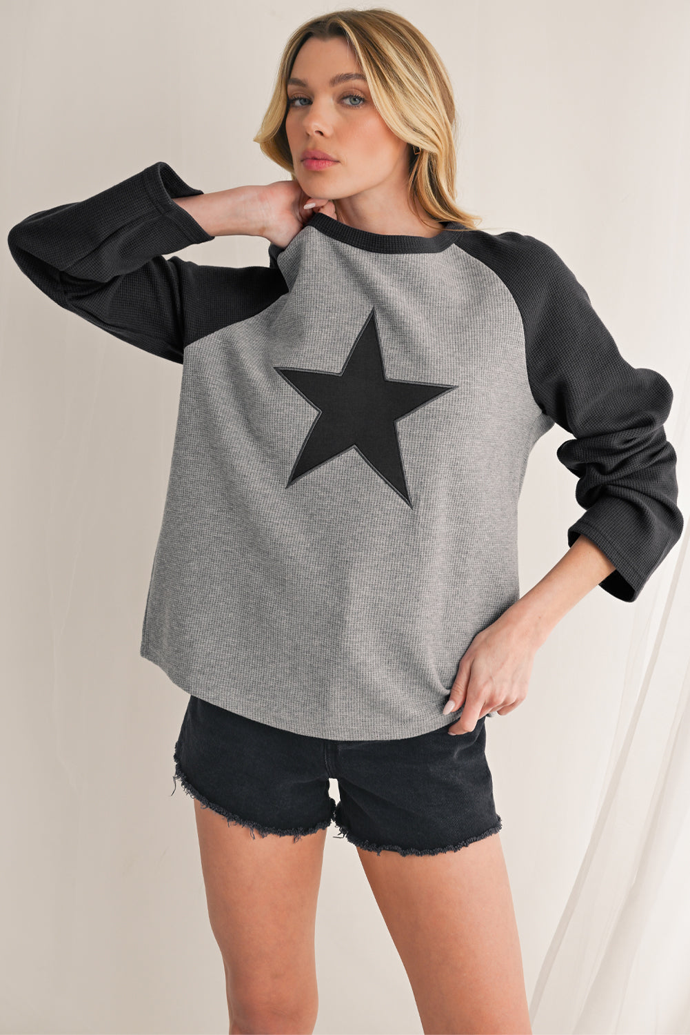 High-rise Waffle Knit Star Graphic Raglan Sleeve Top