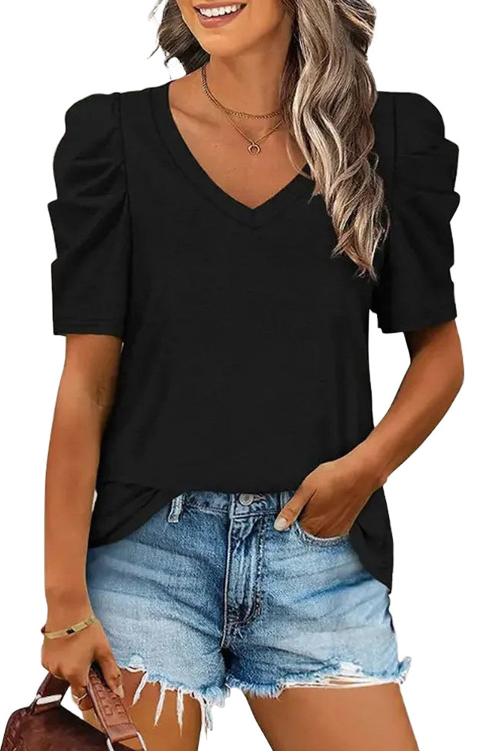 White Puff Sleeve Casual V Neck T-Shirt