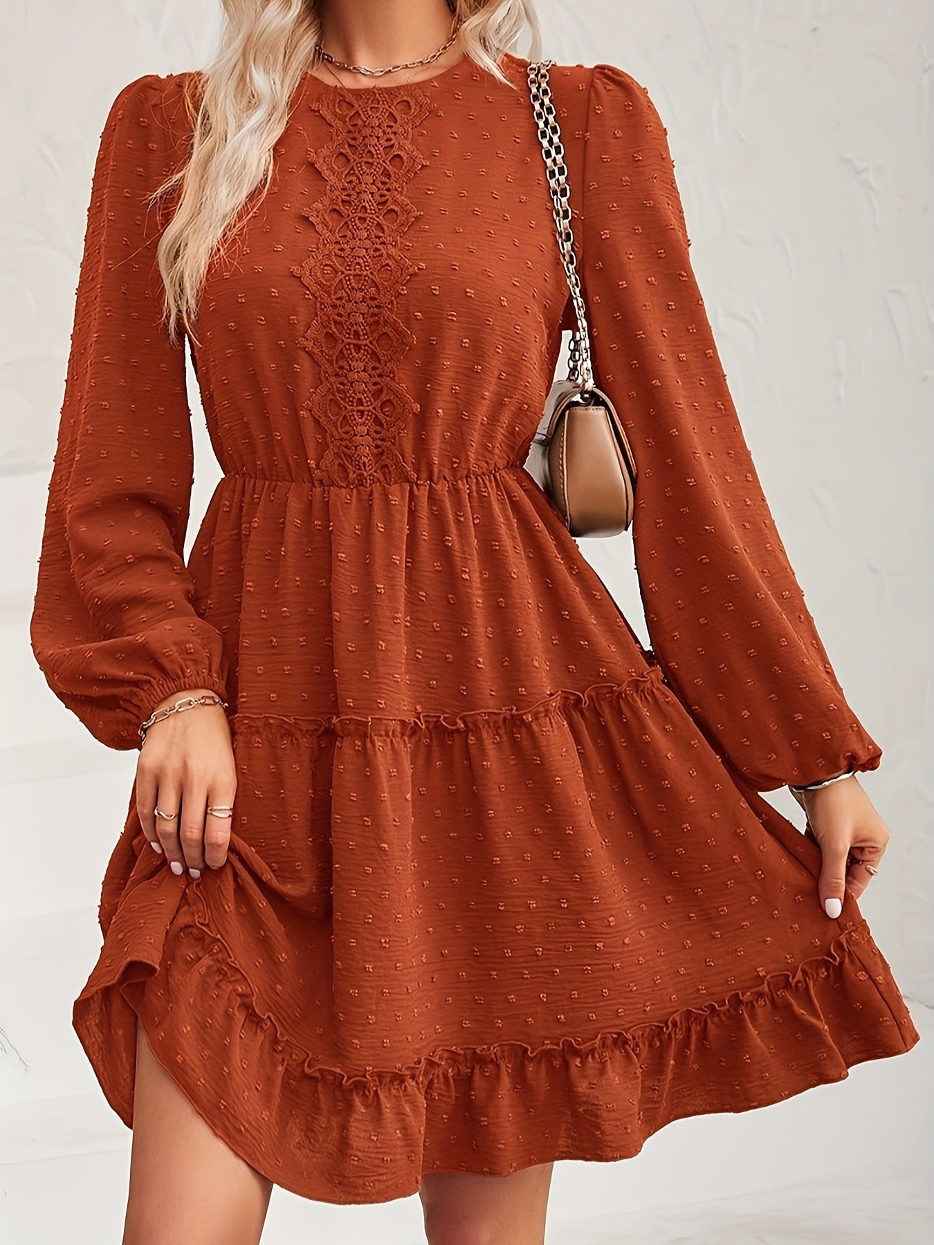 Lace Detail Swiss Dot Round Neck Mini Dress