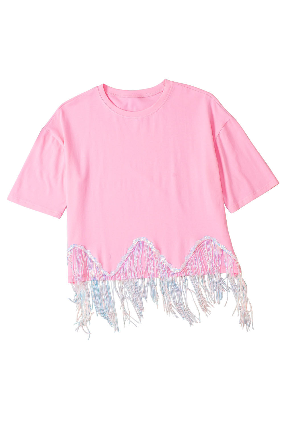 Pink Casual Fringe Sequin Hem Cropped T Shirt