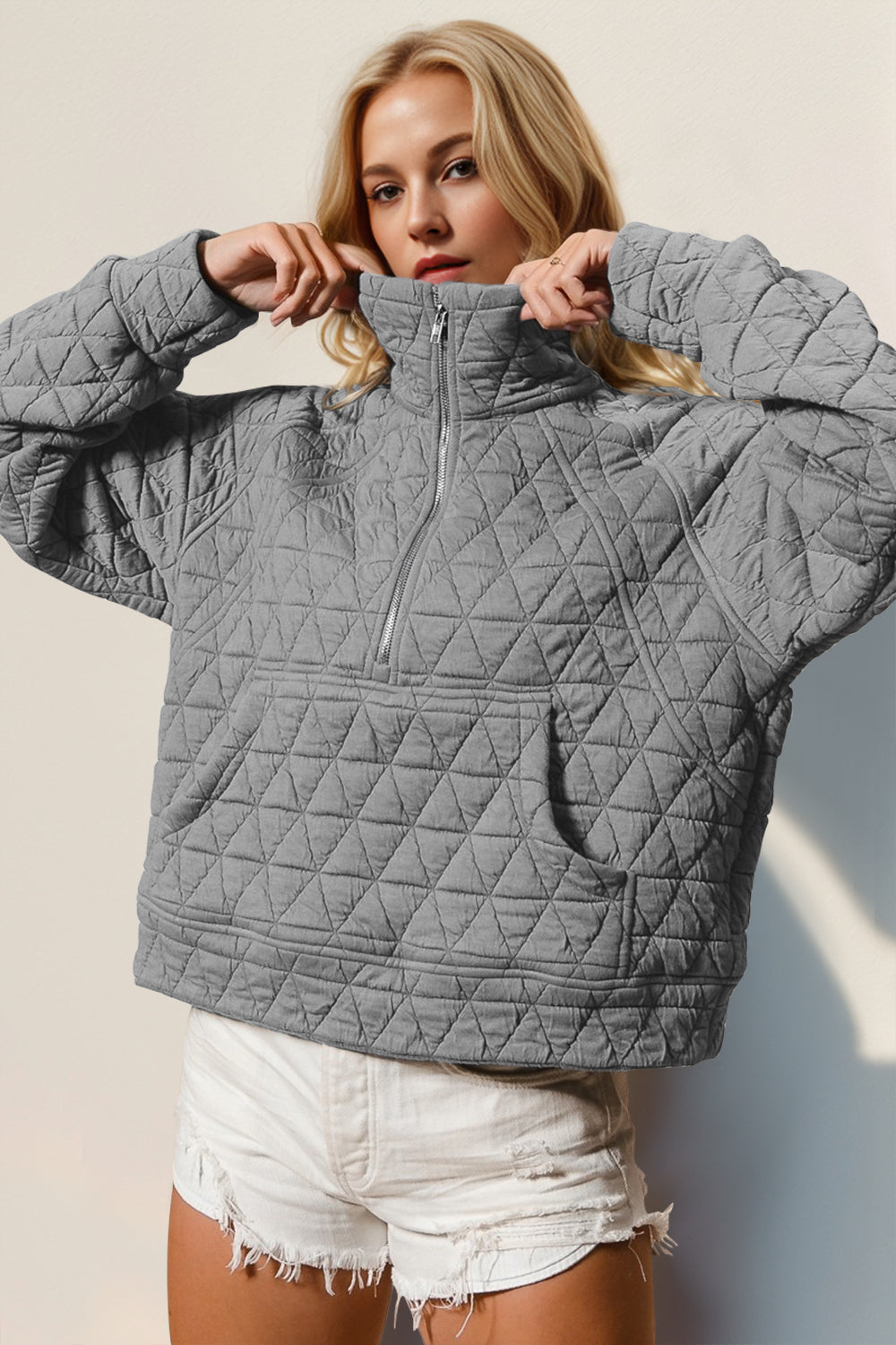 Double Take Half Zip Long Sleeve Quilted Sweatshirt with Pocket