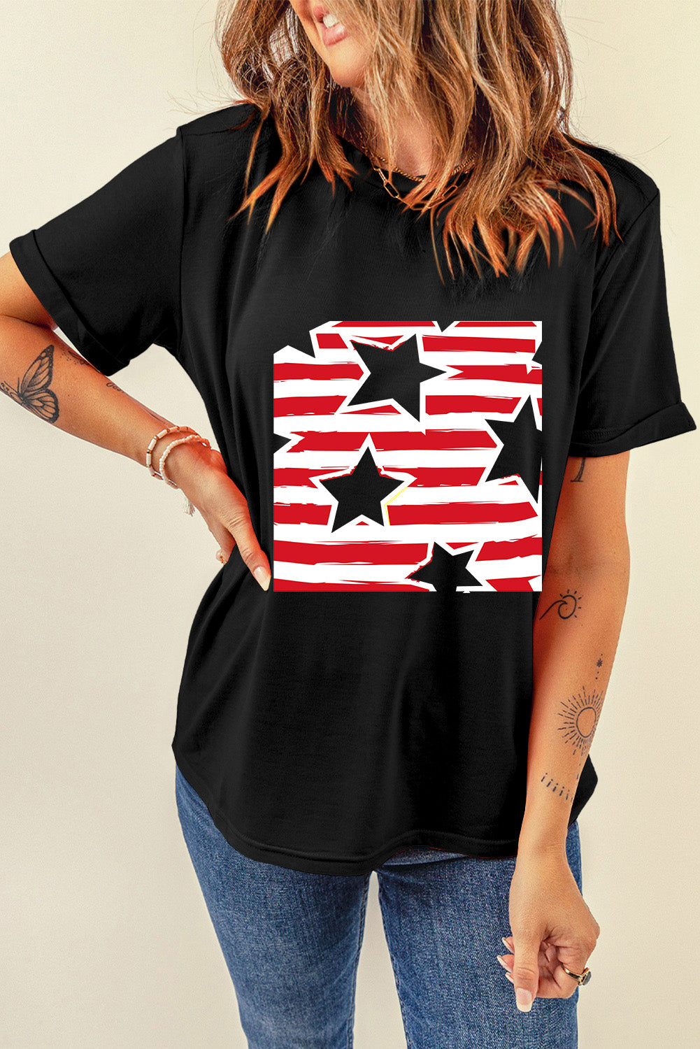 Black Casual Flag Day Star & Stripes Graphic Crewneck Tee