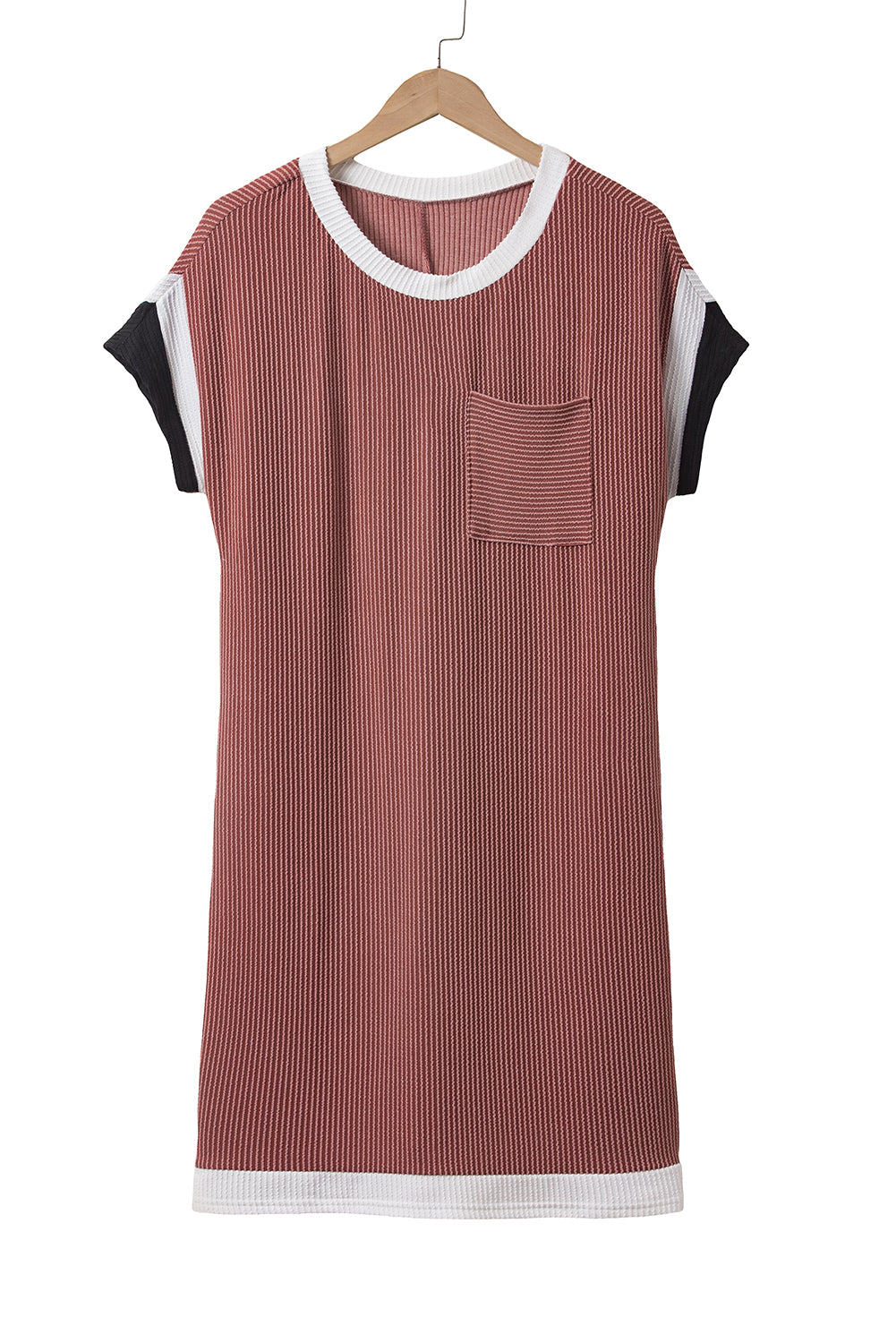 Light French Beige Rib Textured Colorblock Pocket T Shirt Dress