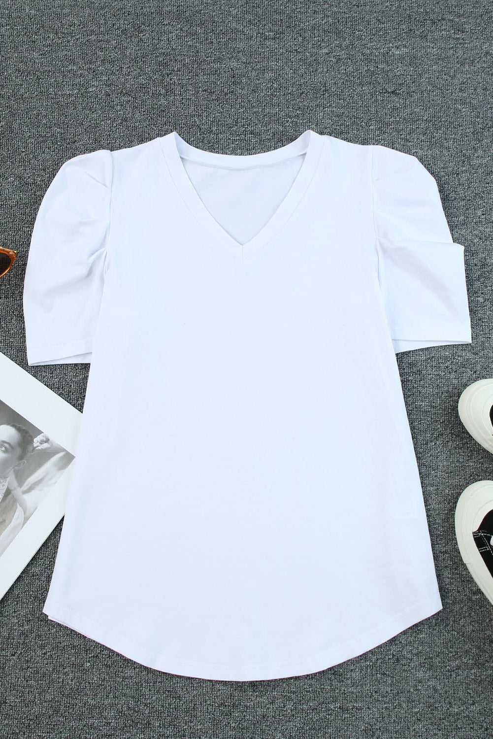 White Puff Sleeve Casual V Neck T-Shirt