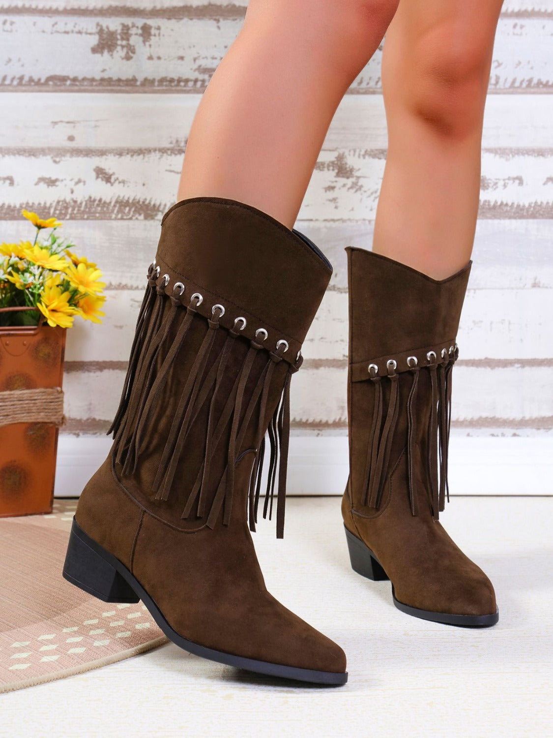 Fringe Suede Point Toe Block Heel Boots