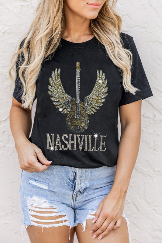 Black Rhinestone Guitar NASHVILLE Graphic T Shirt