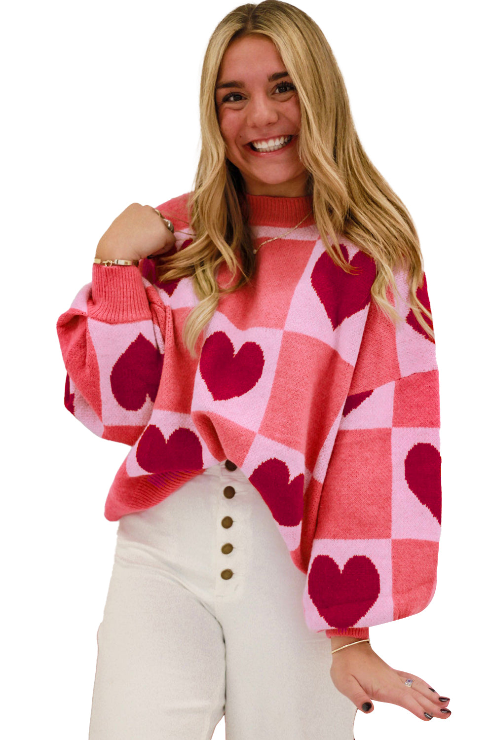 Pink Plus Size Heart Checkered Colorblock Lantern Sleeve Sweater