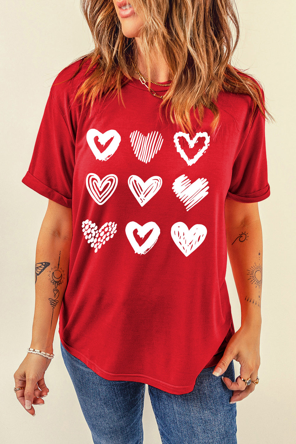 Red Diverse Heart Printed Crewneck Valentines Tee