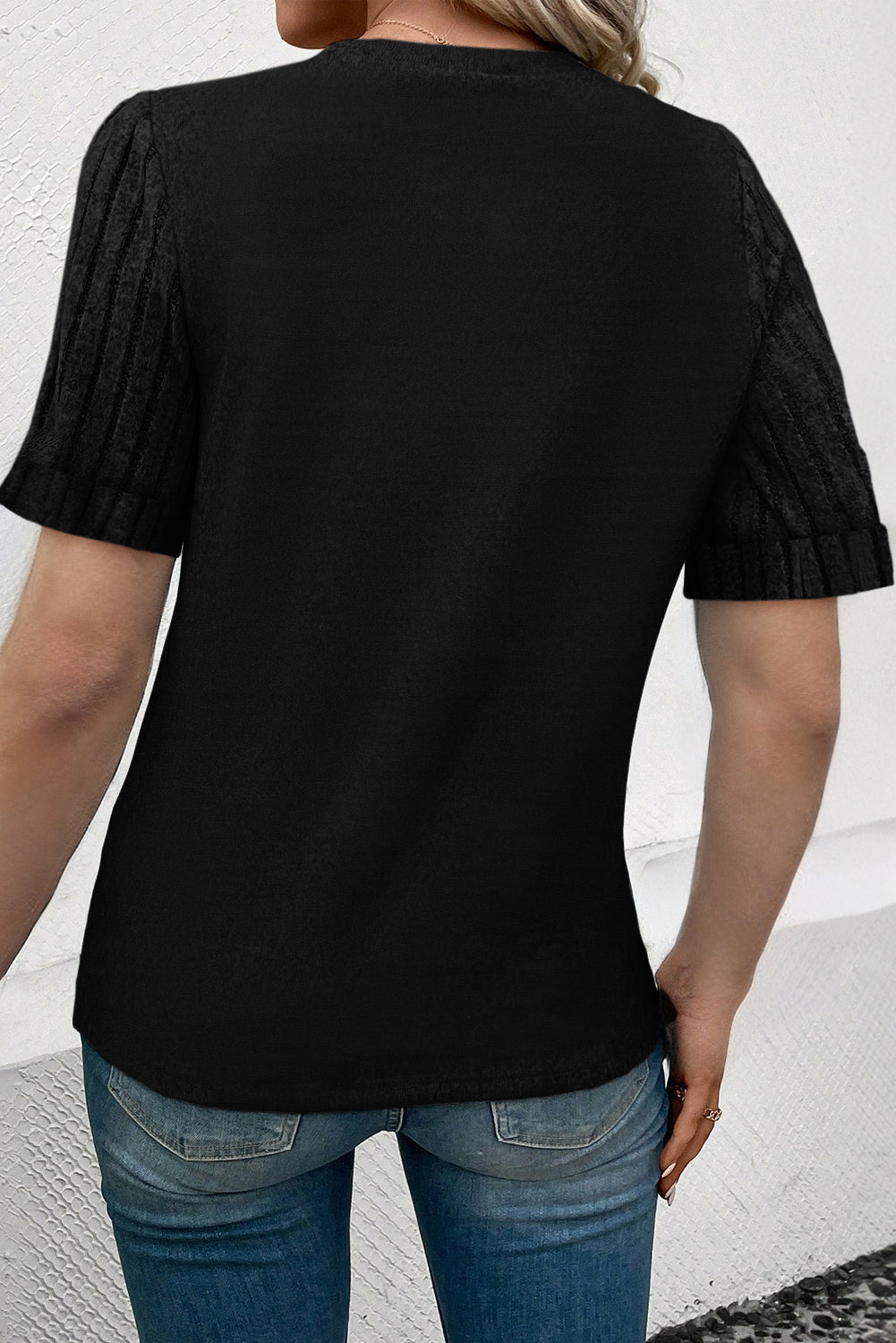 Black Ribbed Splicing Short Sleeve Round Neck T-shirt