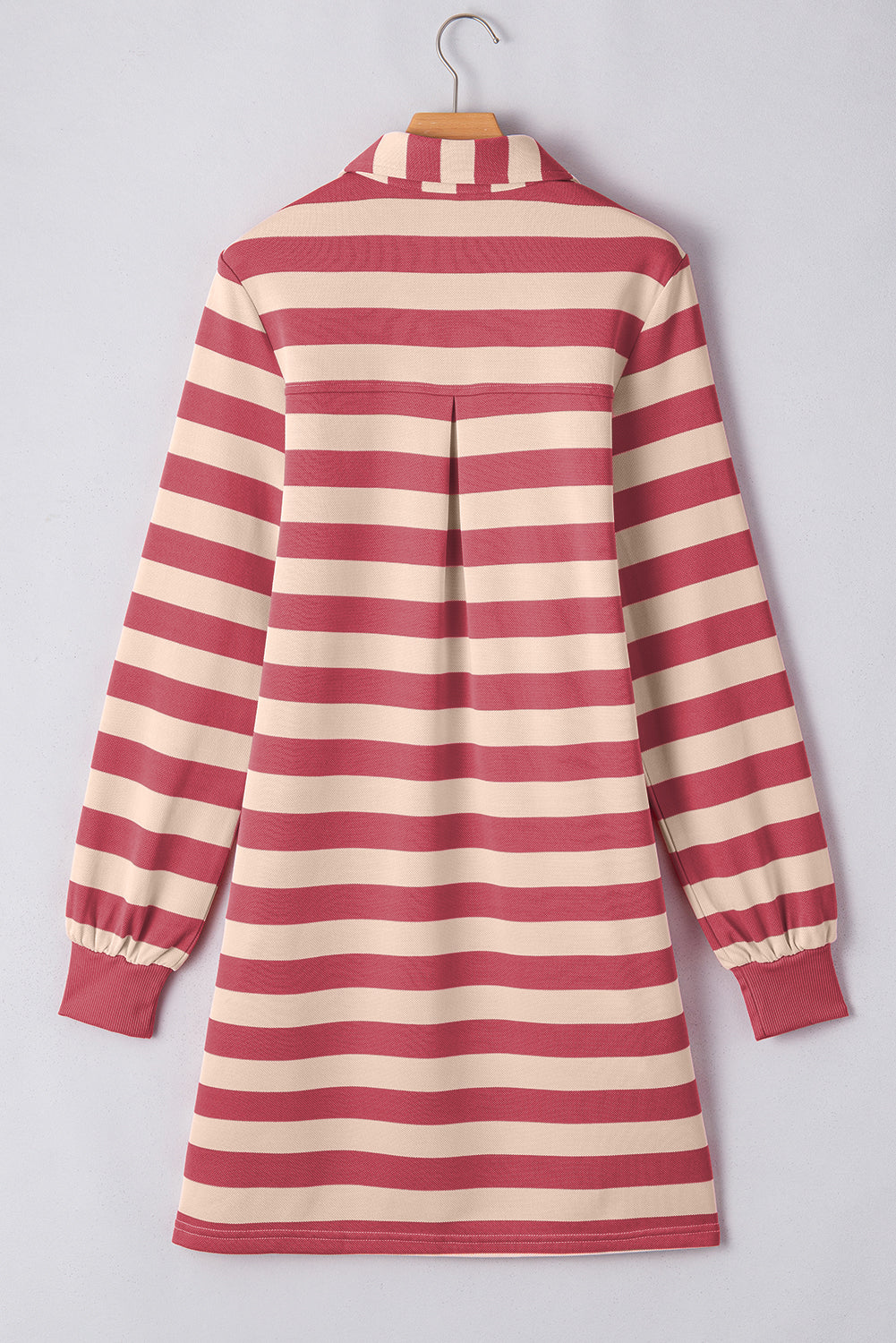 Pink Stripe Pocketed Collared V Neck Loose Fit Mini Dress