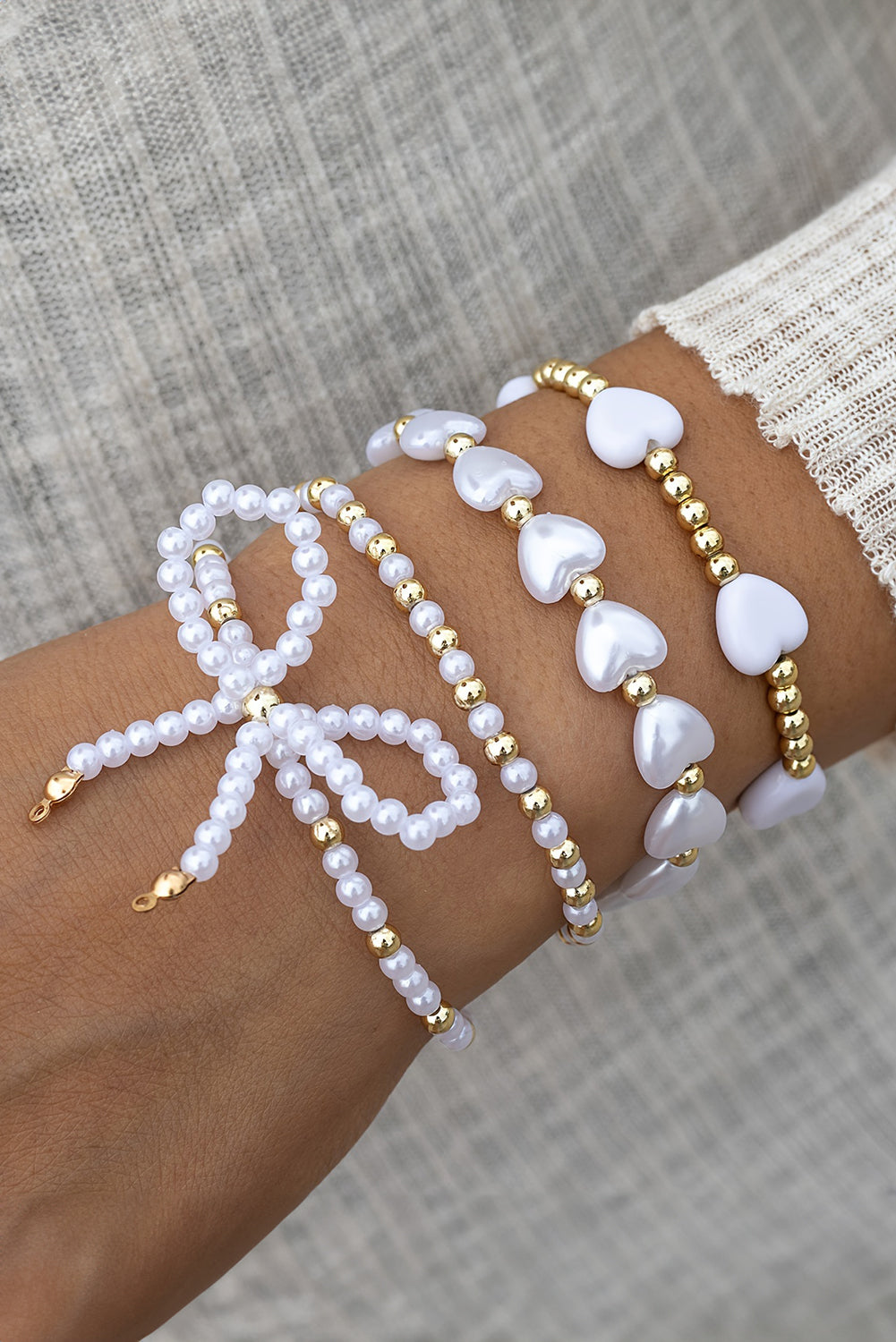 White Bowknot Heart Pearl Beaded Bracelet Set