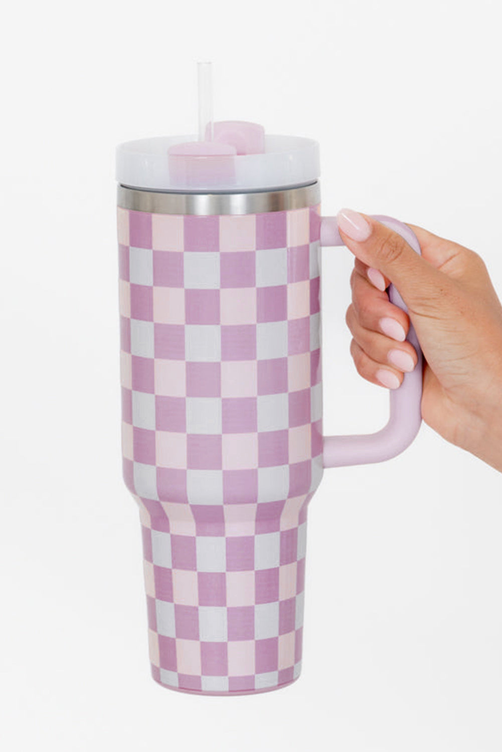 Pink Two-Tone Checkered Stainless Cup With Handle 40oz