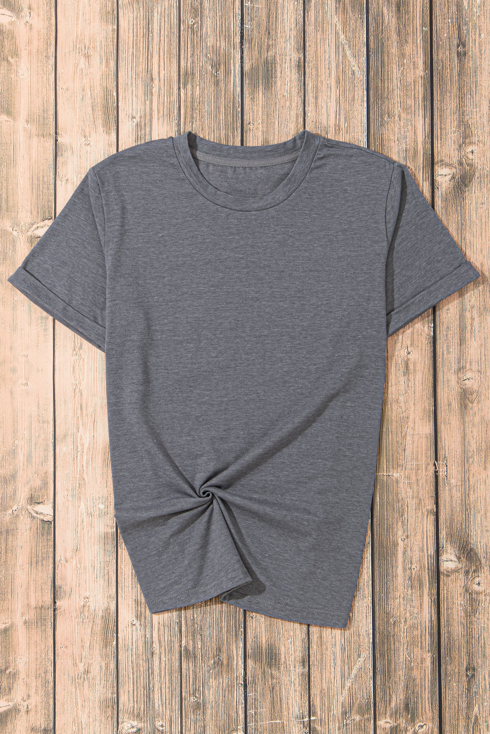 Gray Solid Color Basic Crew Neck Plain Tee