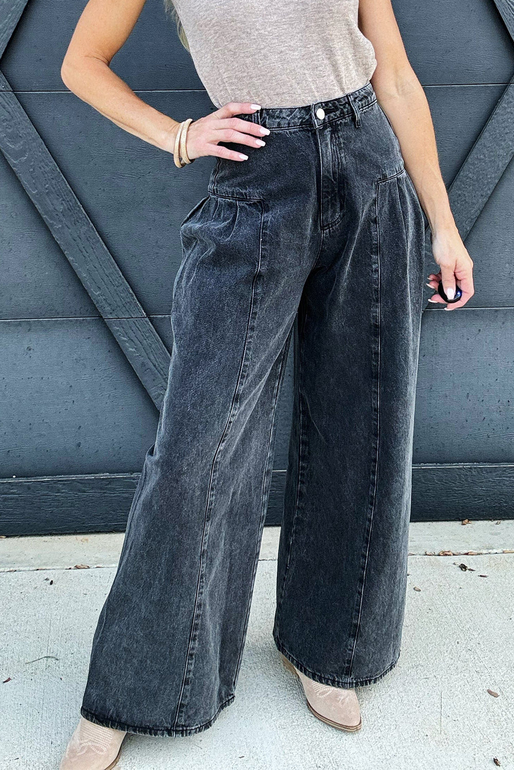 Dark Grey Pleated Wide Leg Mineral Wash Jeans