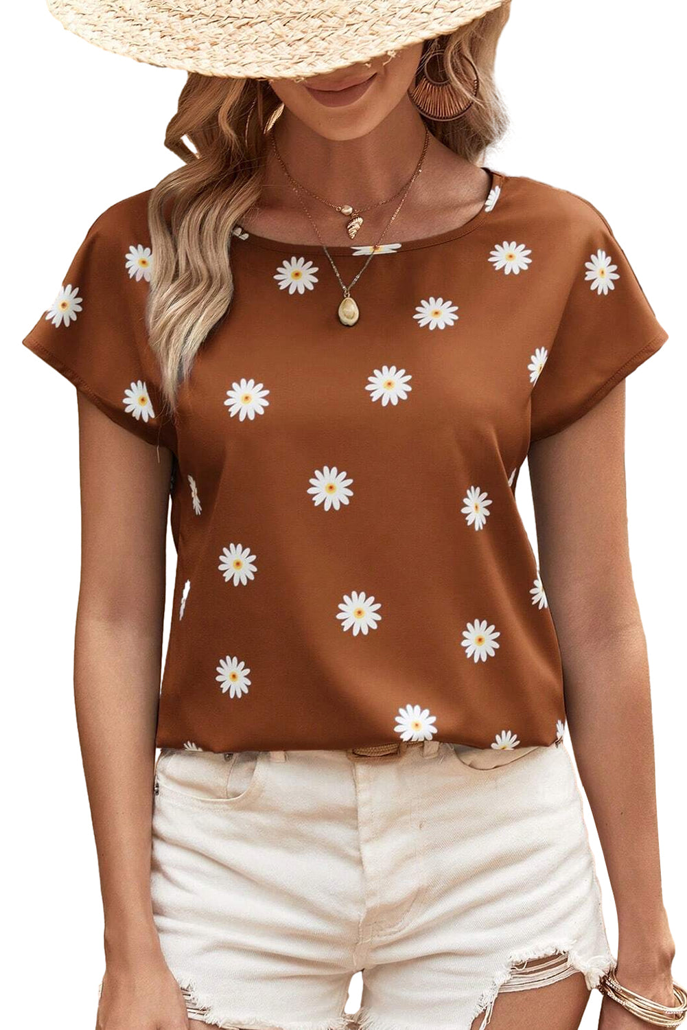 Chestnut Summer Daisy Print Batwing Sleeve Blouse