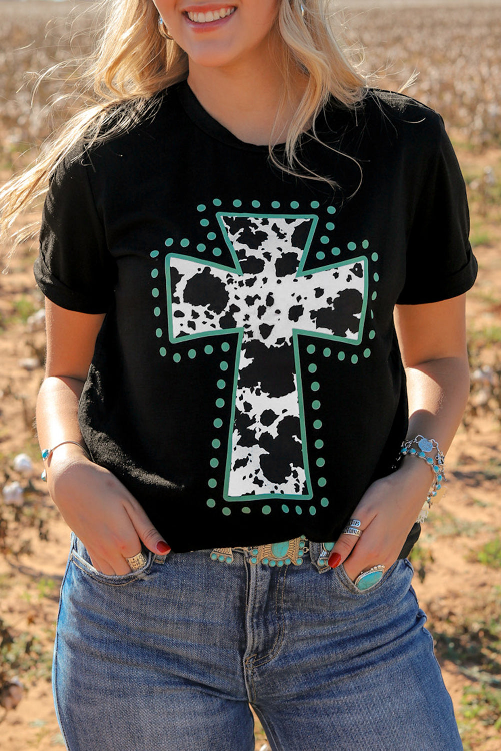 Black Animal Cross Graphic Round Neck Tee