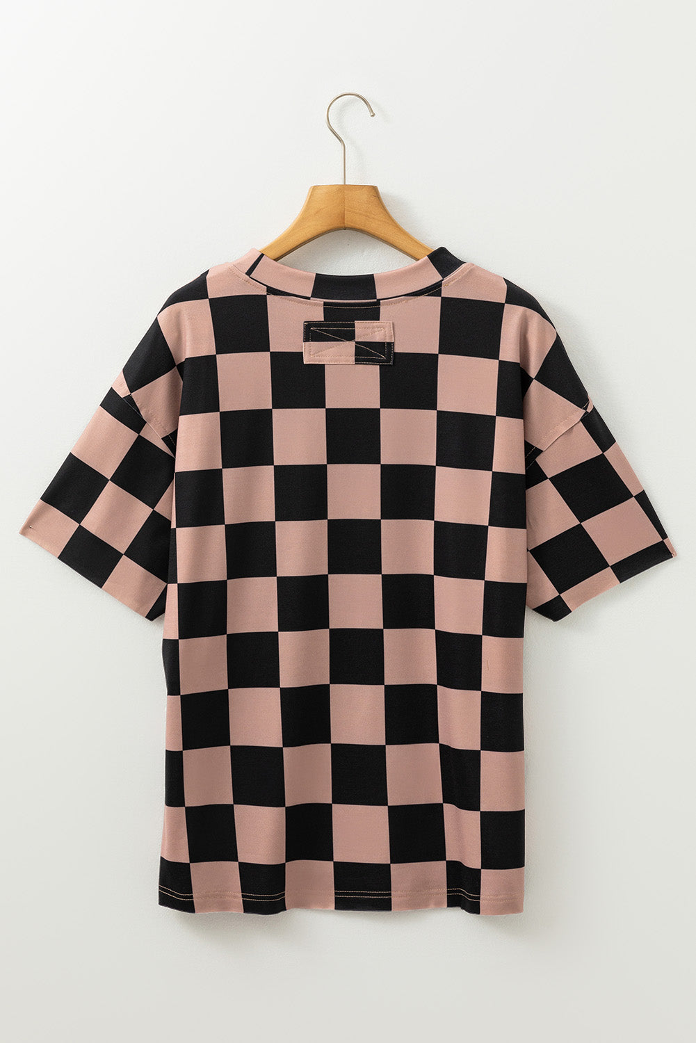 Light Beige Two Tone Checkered Crew Neck Loose T Shirt