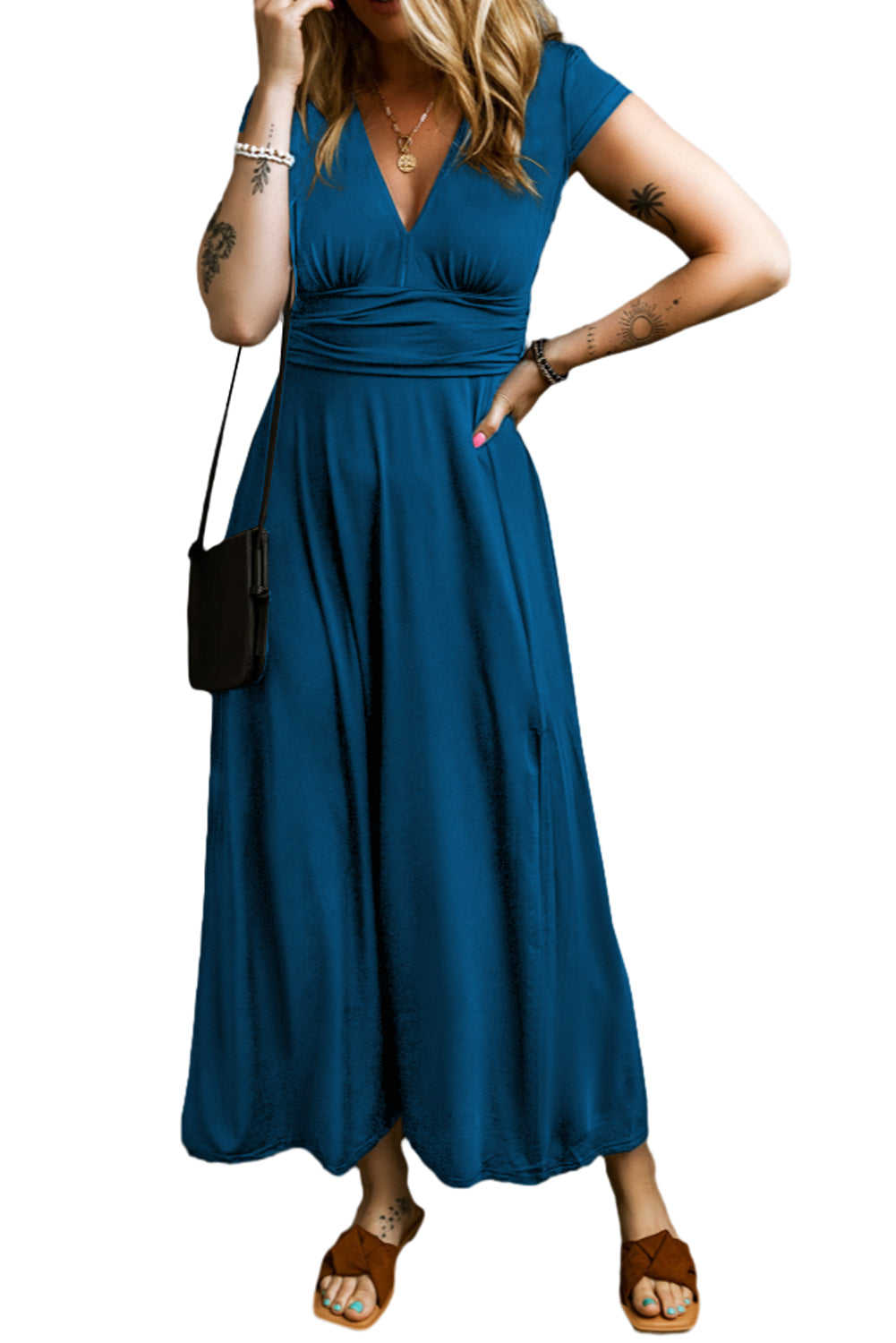 Peacock Blue Deep V Neck Ruched High Waist Midi Dress