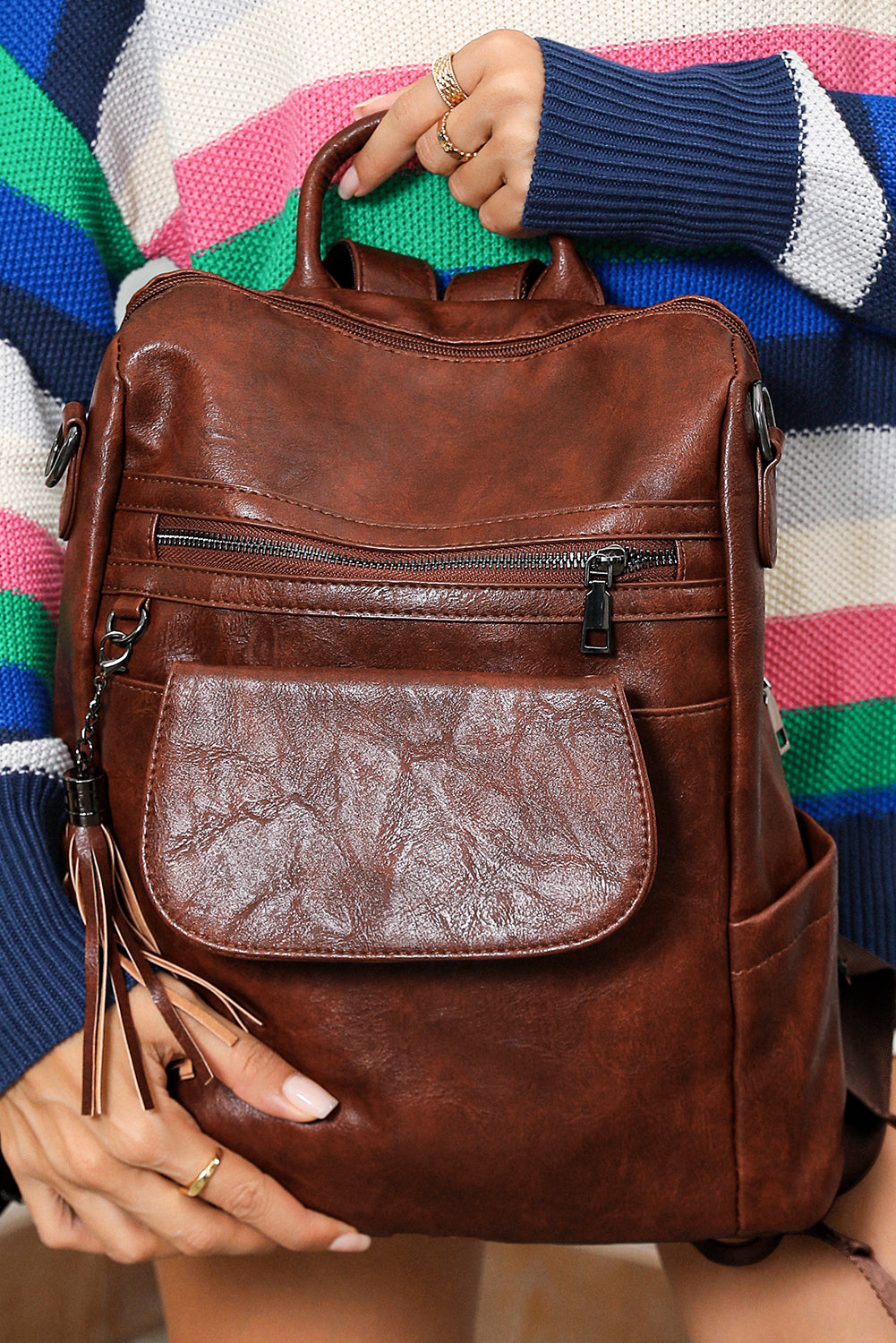 Brown Tassel Decor Retro PU Large Capacity Backpack