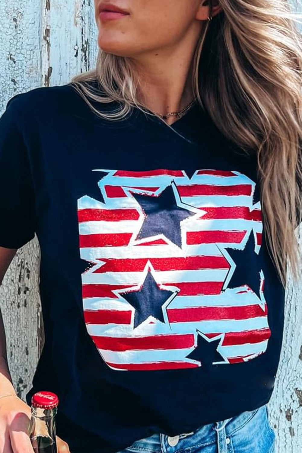 Black Casual Flag Day Star & Stripes Graphic Crewneck Tee