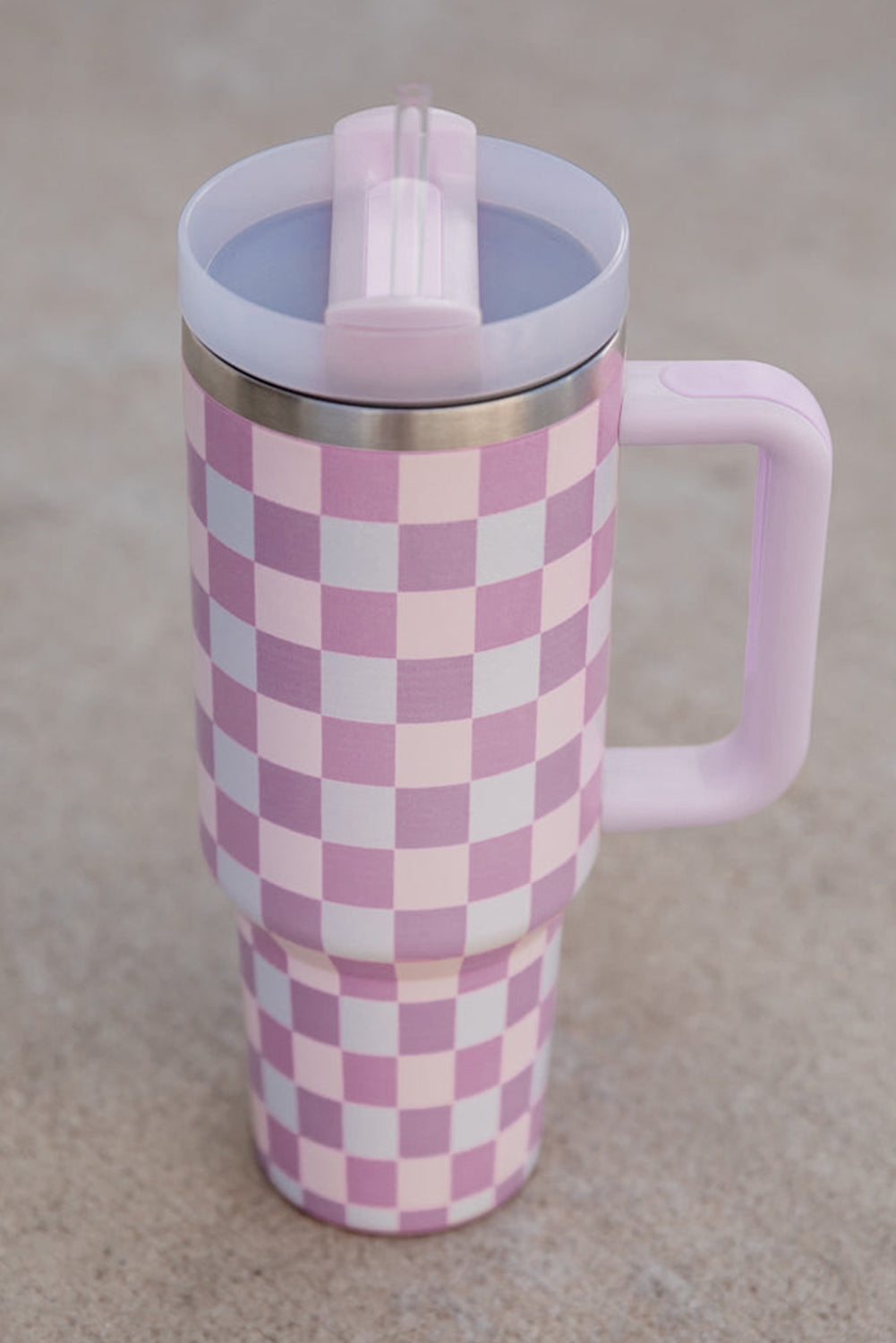 Pink Two-Tone Checkered Stainless Cup With Handle 40oz