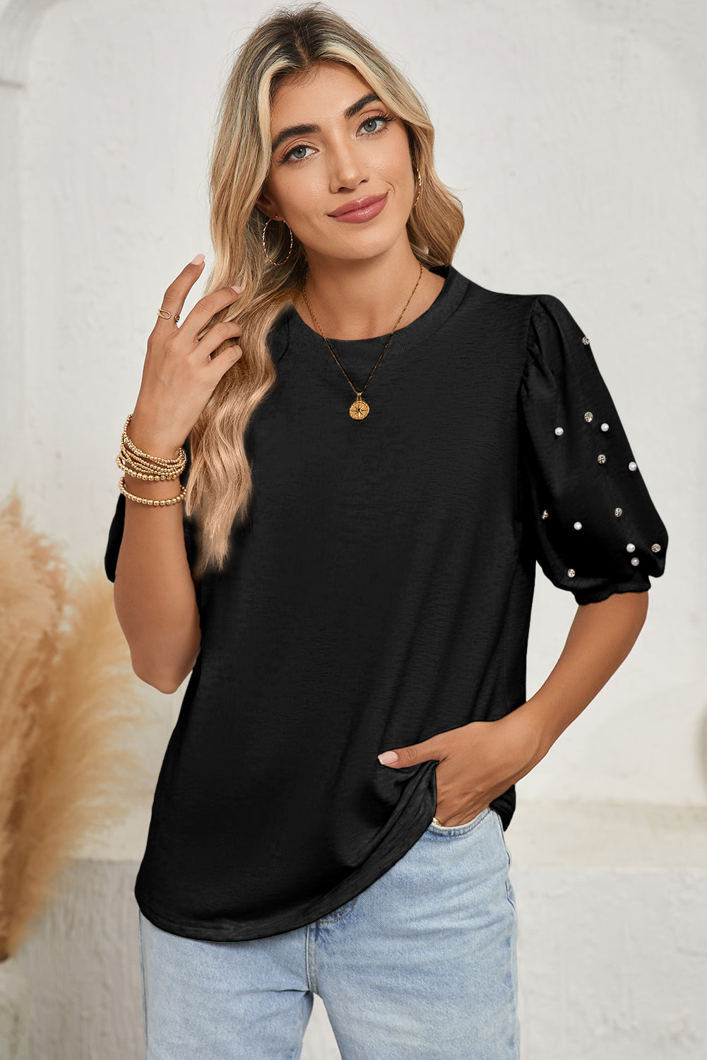 Black Rhinestone Pearl Puff Sleeve Plain T Shirt