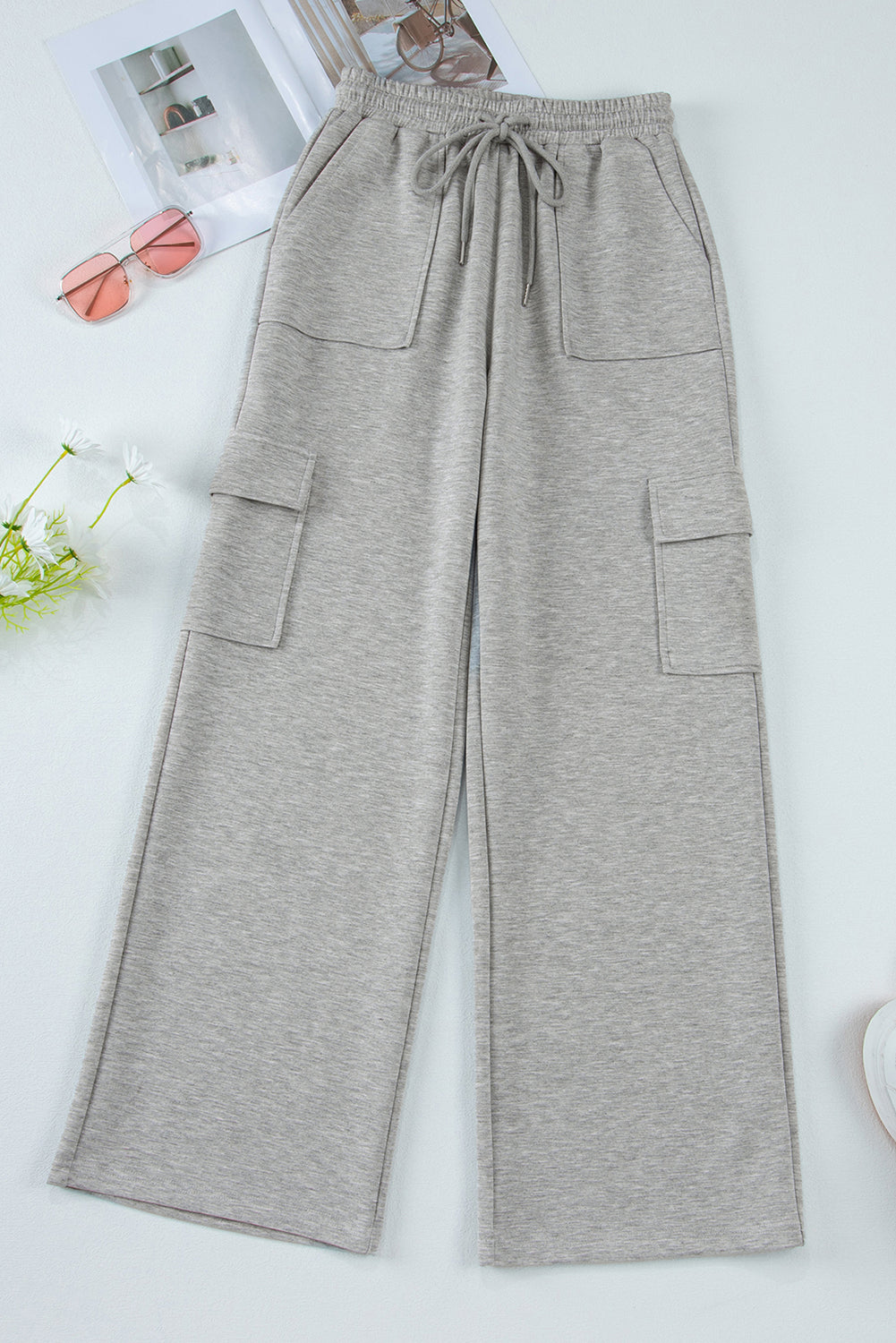 Light Grey Multi Pockets Lace Up High Waist Wide Leg Workout Pants