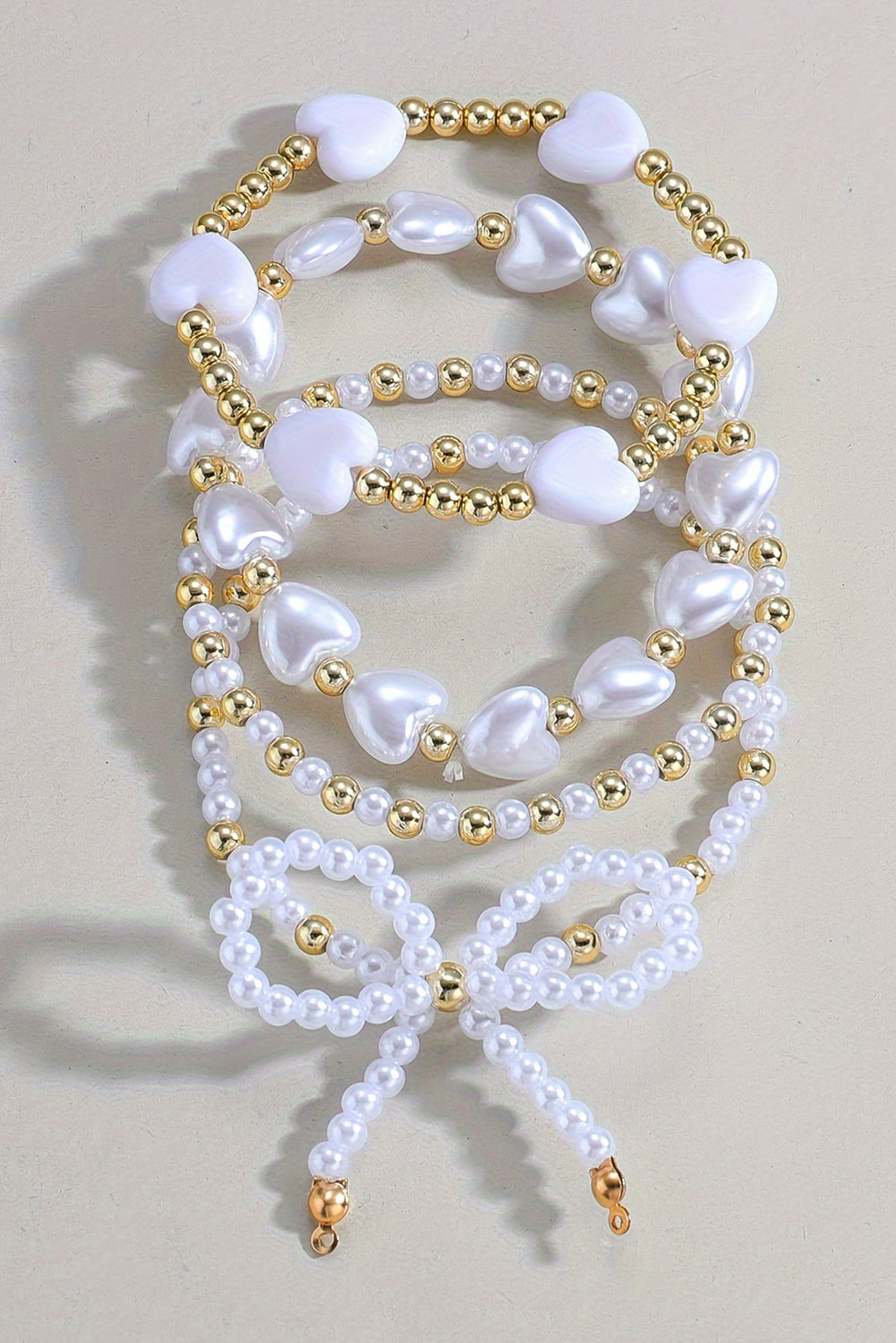 White Bowknot Heart Pearl Beaded Bracelet Set