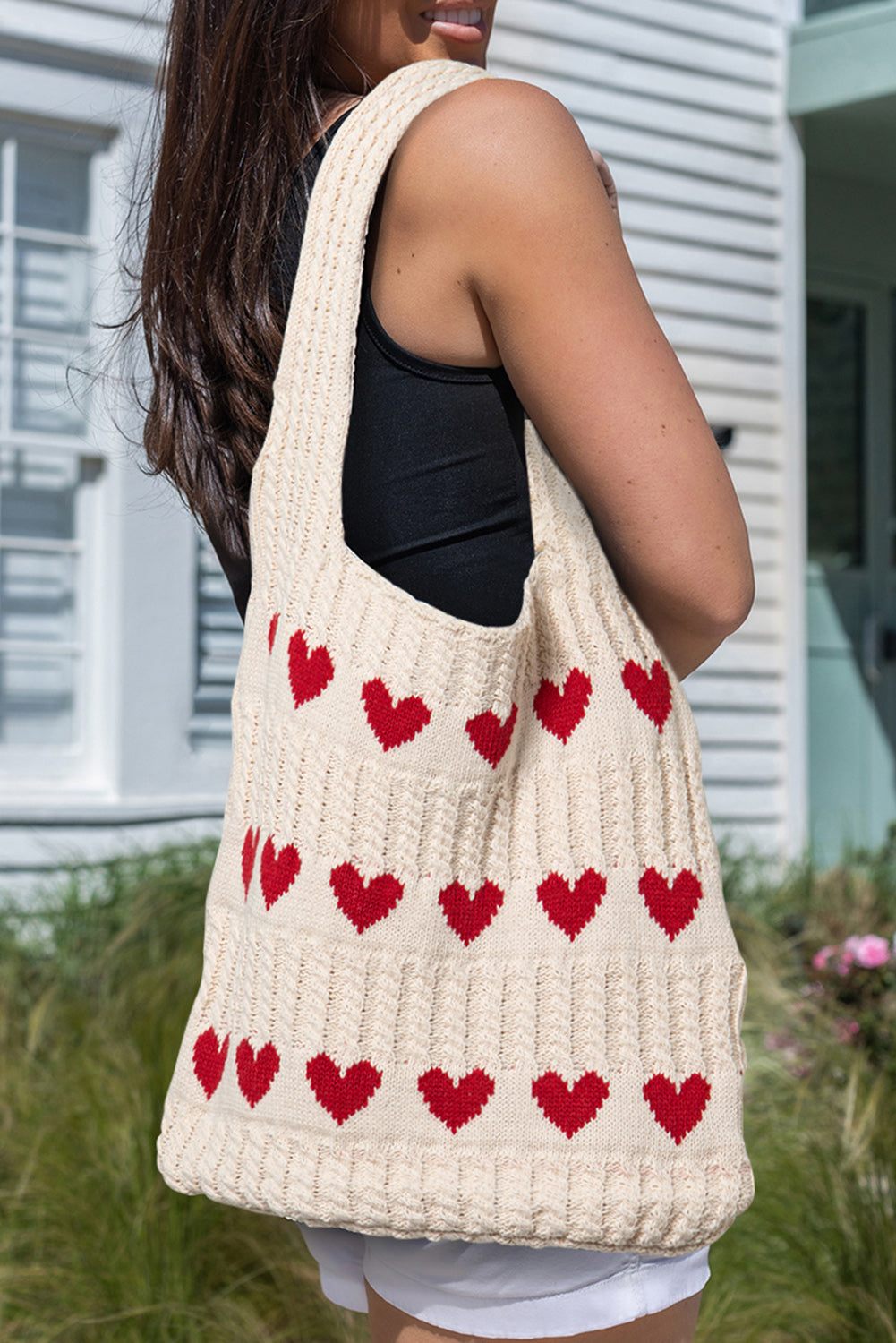 Apricot Heart Pattern Knit Shoulder Bag