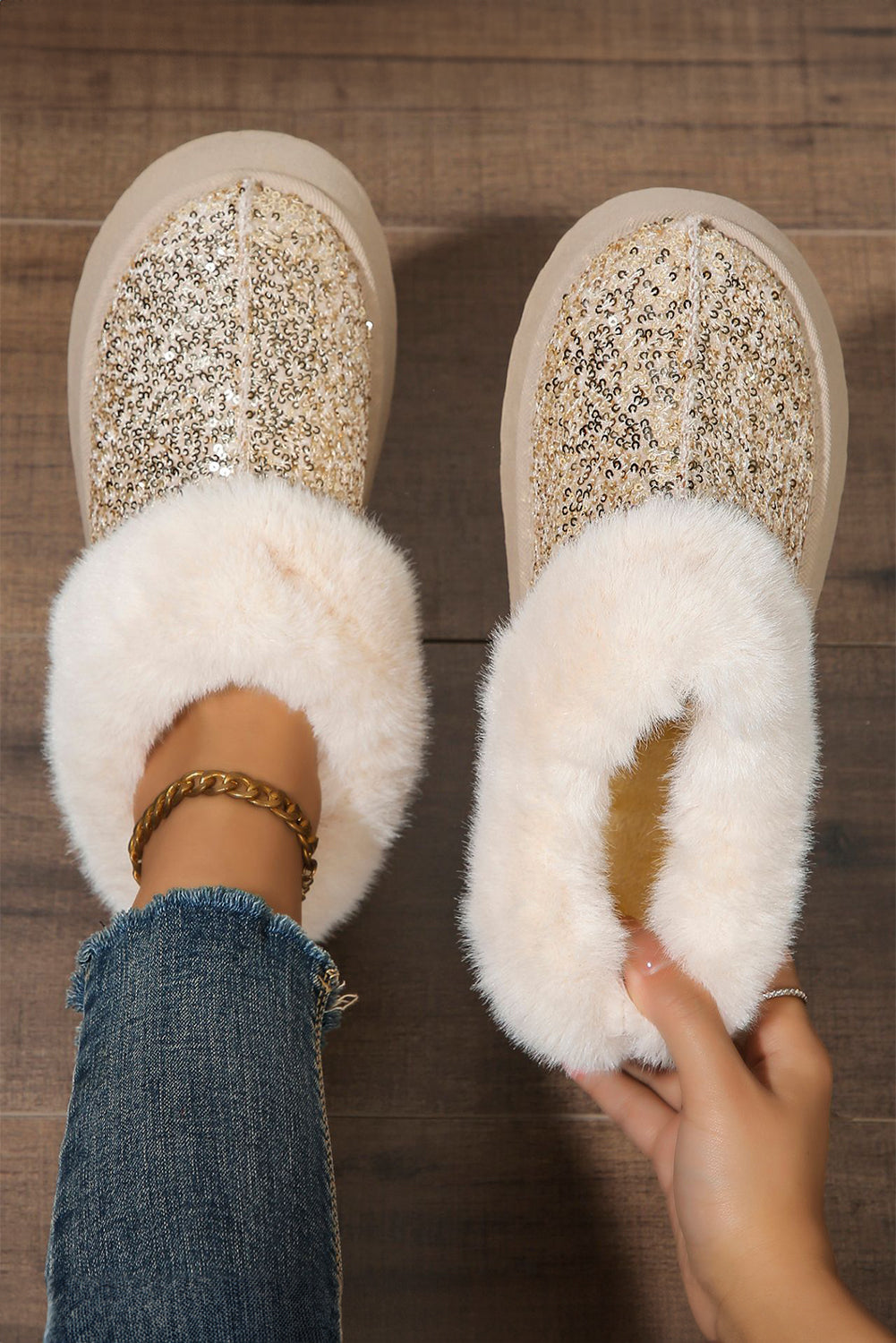 Silvery Sequin Plush Lined Thick Sole Snow Boots