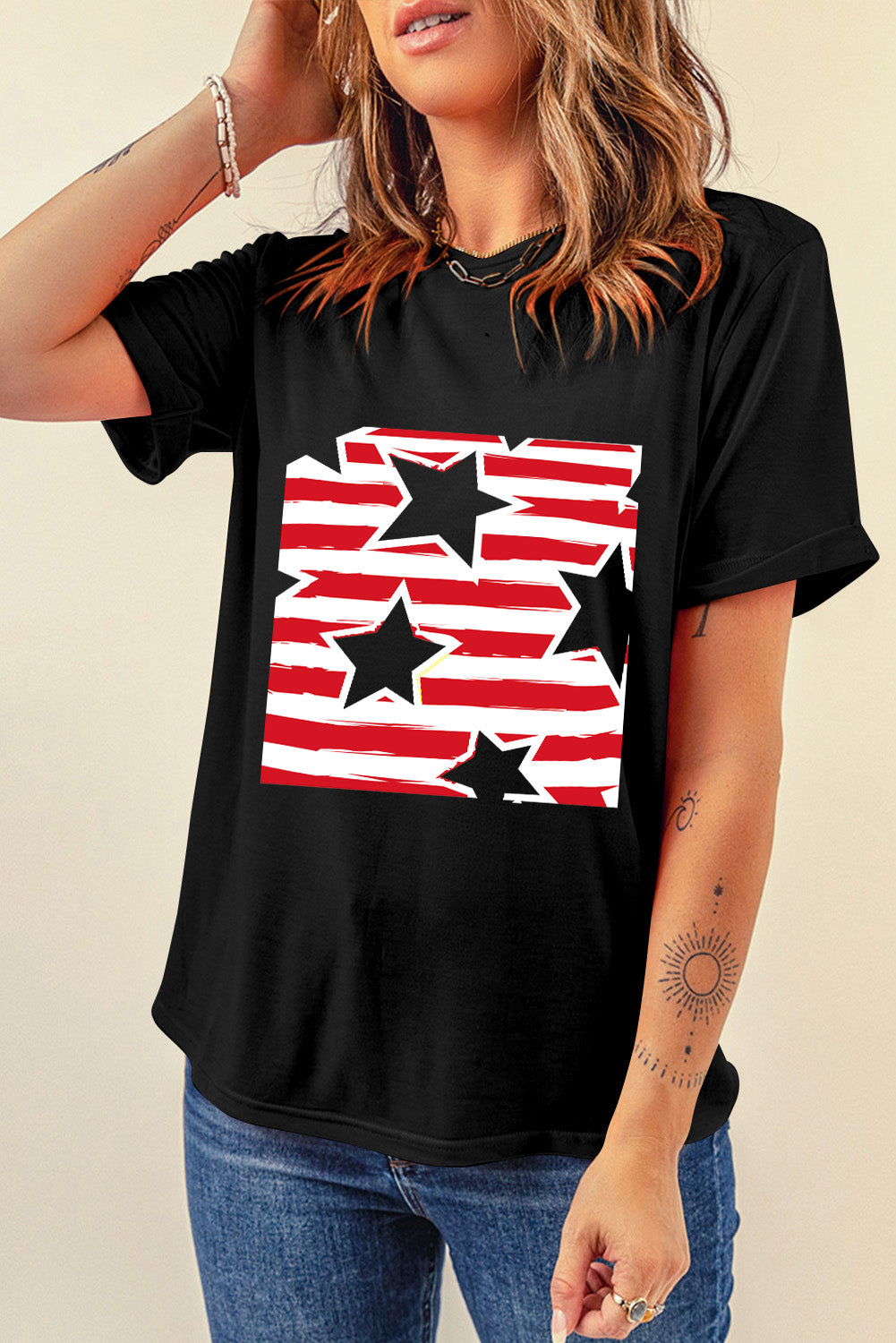 Black Casual Flag Day Star & Stripes Graphic Crewneck Tee