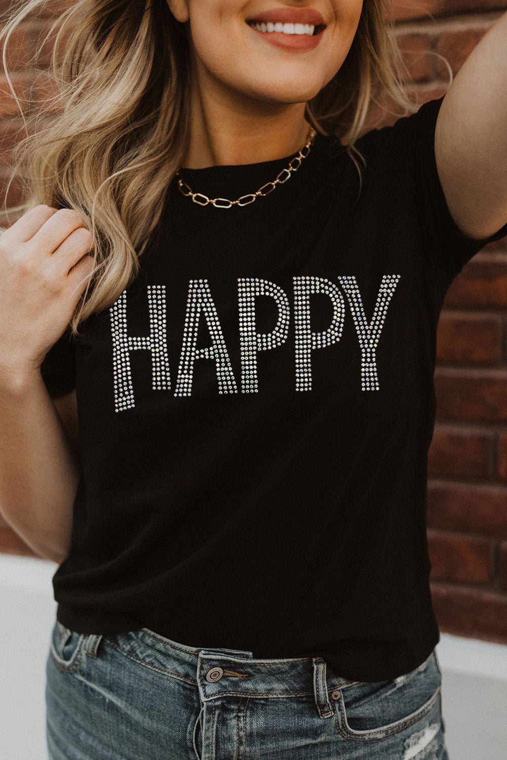 Black Rhinestone HAPPY Graphic Crewneck T Shirt