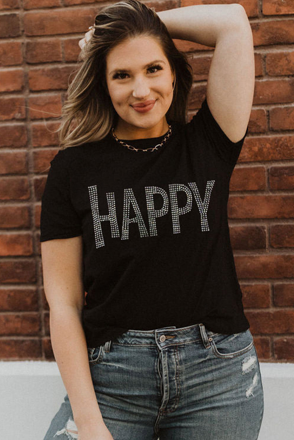 Black Rhinestone HAPPY Graphic Crewneck T Shirt