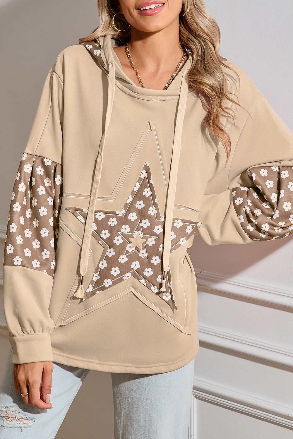 Apricot Floral Patchwork Star Pattern Drawstring Hoodie