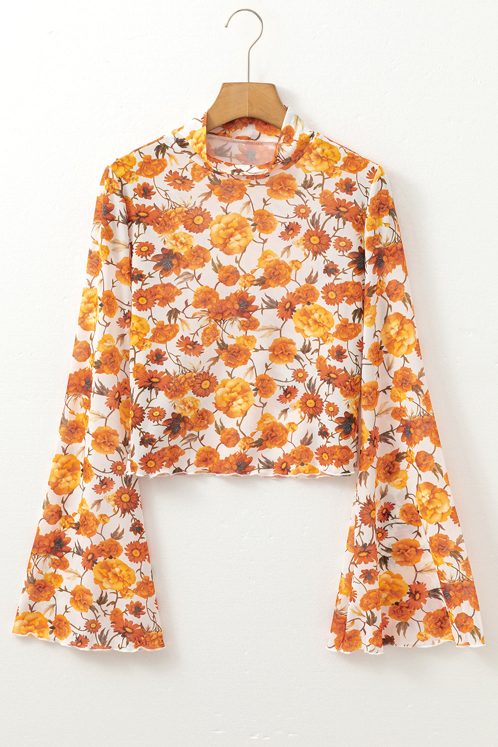 Orange Floral Print Bell Sleeve Mock Neck Scallop Trim Blouse