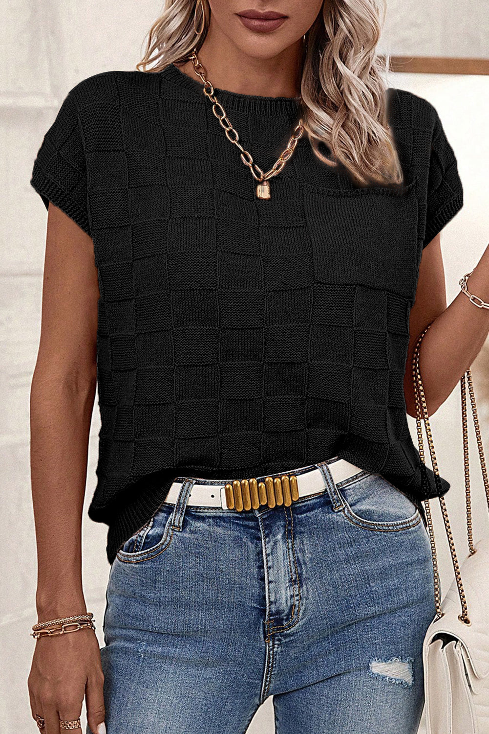 Black Lattice Textured Knit Short Sleeve Baggy Sweater