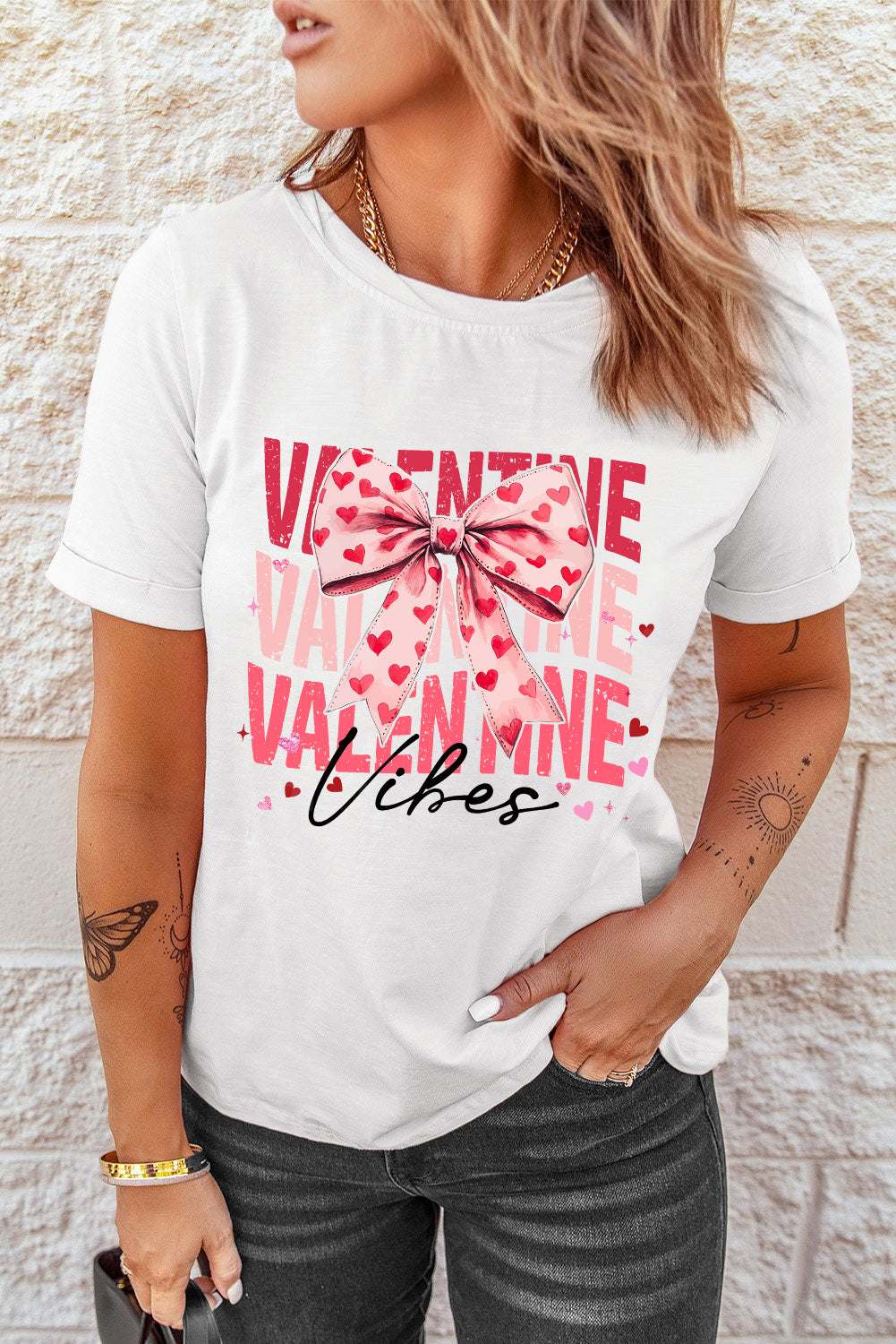 White Valentine Bow Letter Print Graphic Tee