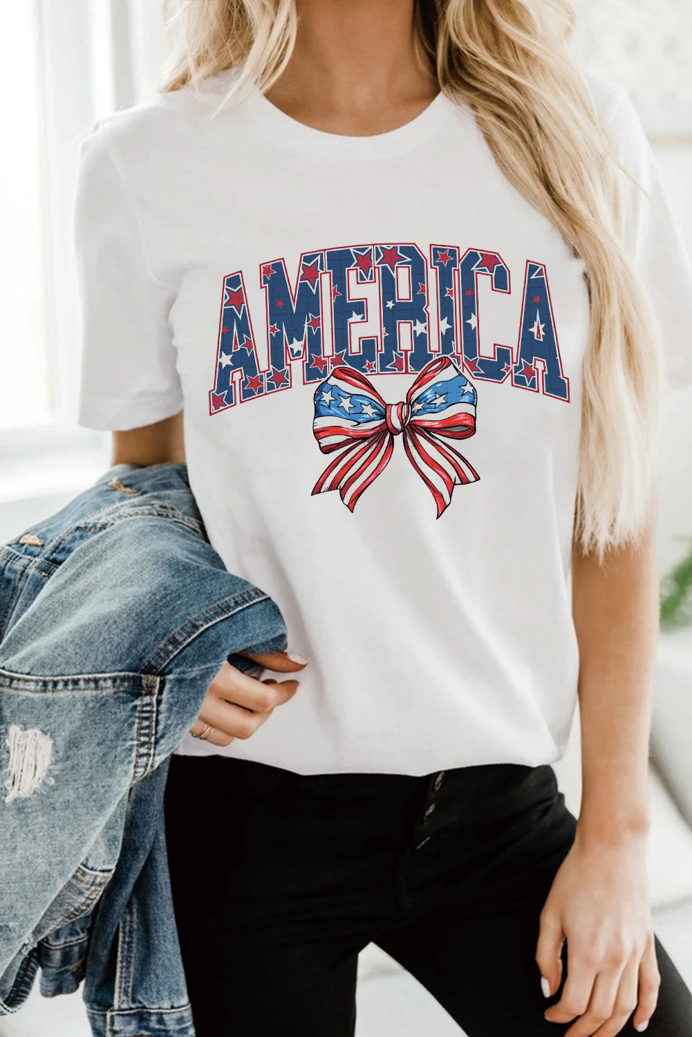 White AMERICA Flag Bow Knot Graphic Round Neck Tee